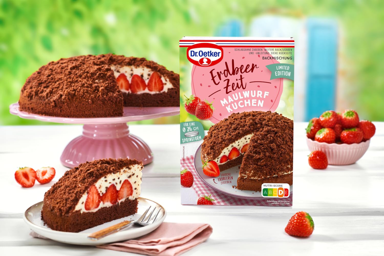 Dr. Oetker Erdbeer-Zeit, 8er Probier-Set Kuchen-Backmischung für 2x Maulwurf Kuchen, 2x Törtchen, 2x Tiramisu Schnitten und 2x Joghurt-Sahne-Torte, 8 verschiedene Erdbeerkuchen