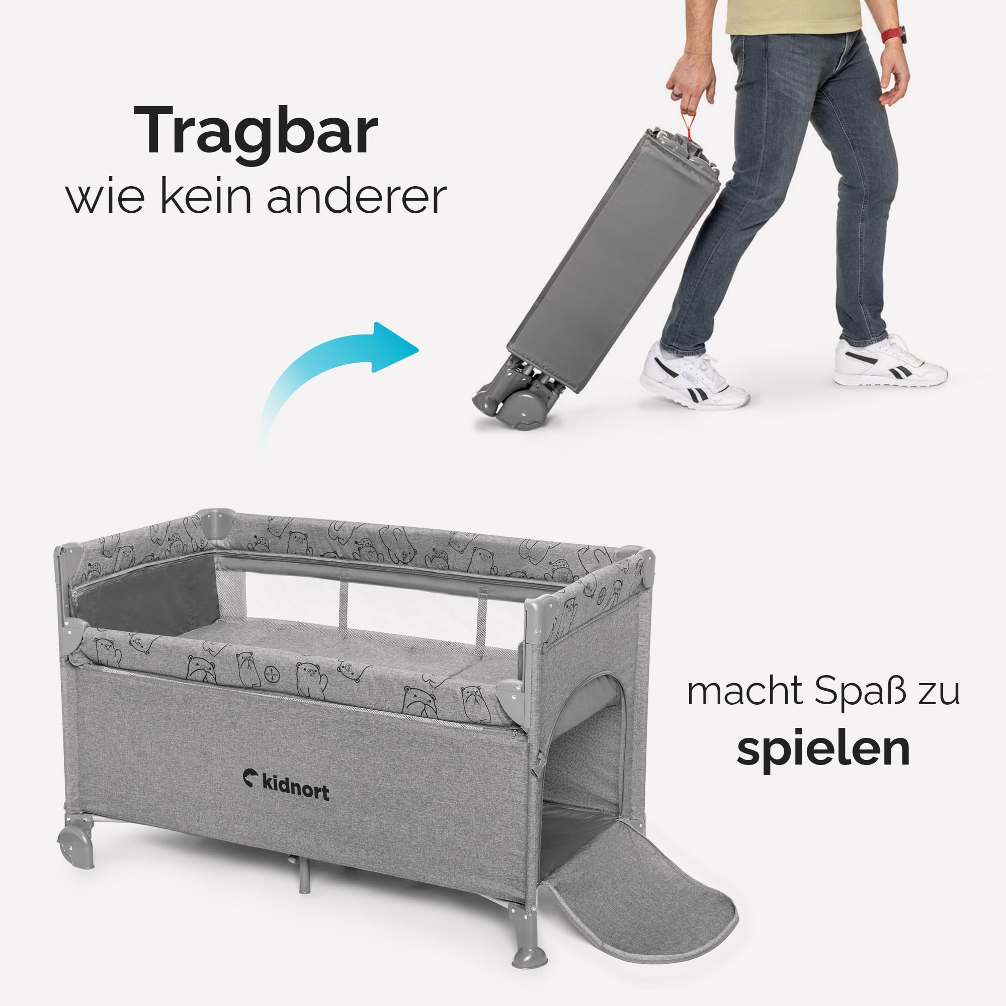 Livsmiljö Reisebett Babybett 3 in 1 Beistellbett Laufstall klappbar mit 2 Ebenen Seiteneinstieg Rollen mit Bremse Transporttasche kompakt faltbar für Zuhause und Reise Hellgrau