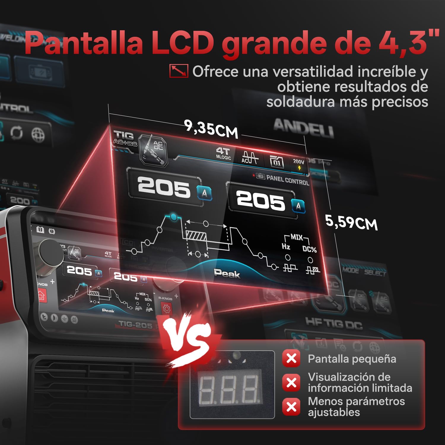 ANDELI 10 en 1 Soldador TIG de Aluminio AC/DC, Pedal de Pie, 205A, LCD, Ondas de Pulso/Cuadrada/Seno/Trapesoidal, Soldadura Fría/Punto, 230V, TIG-205 PRO