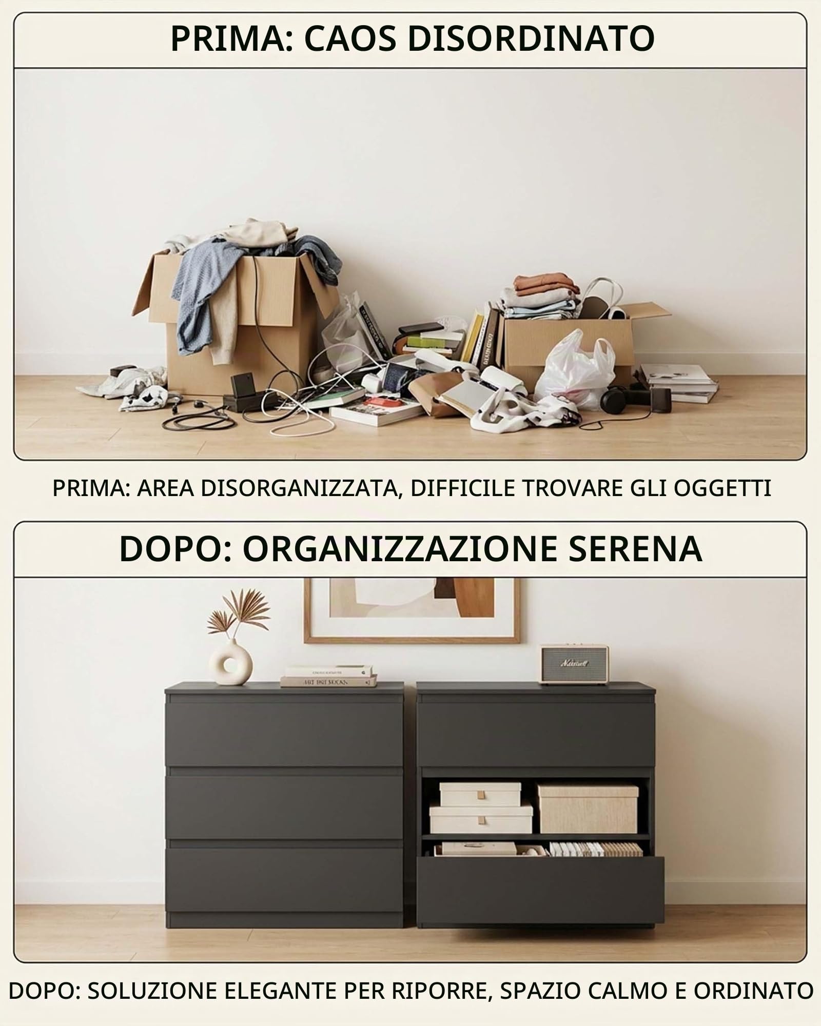 Cassettiera nera con 6 cassetti, per camera da letto