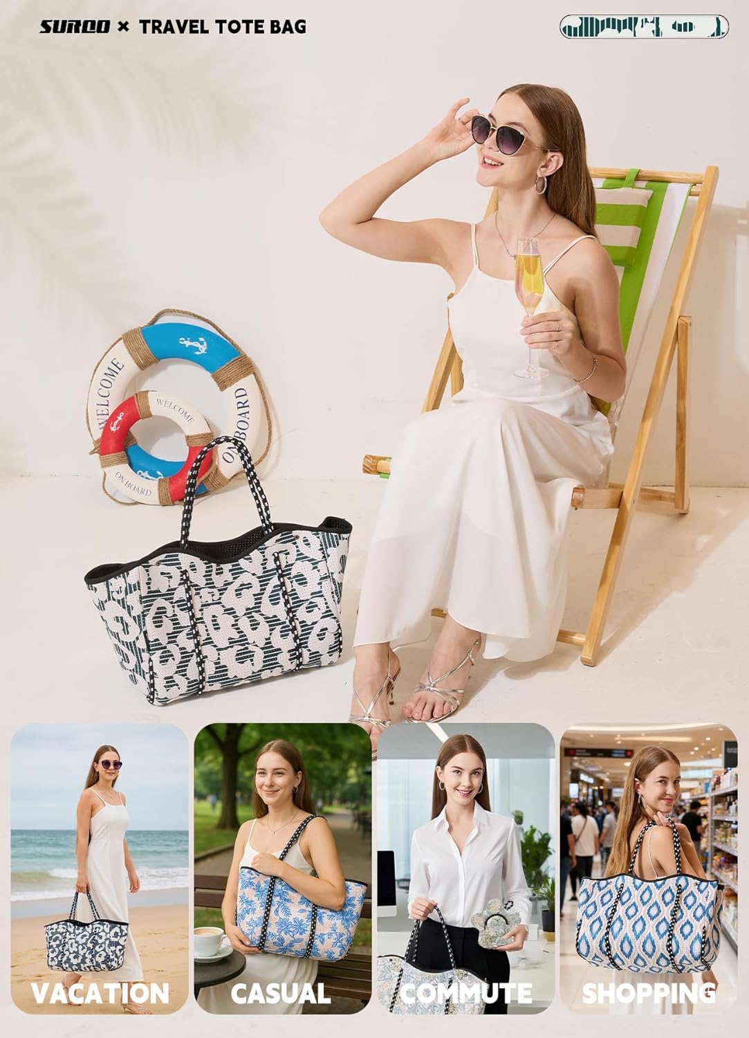 Neoprene Tote Bag for Women, Large Travel Beach Bag with Detachable Pouch, Stylish Lightweight Everyday Carryall - Image 2