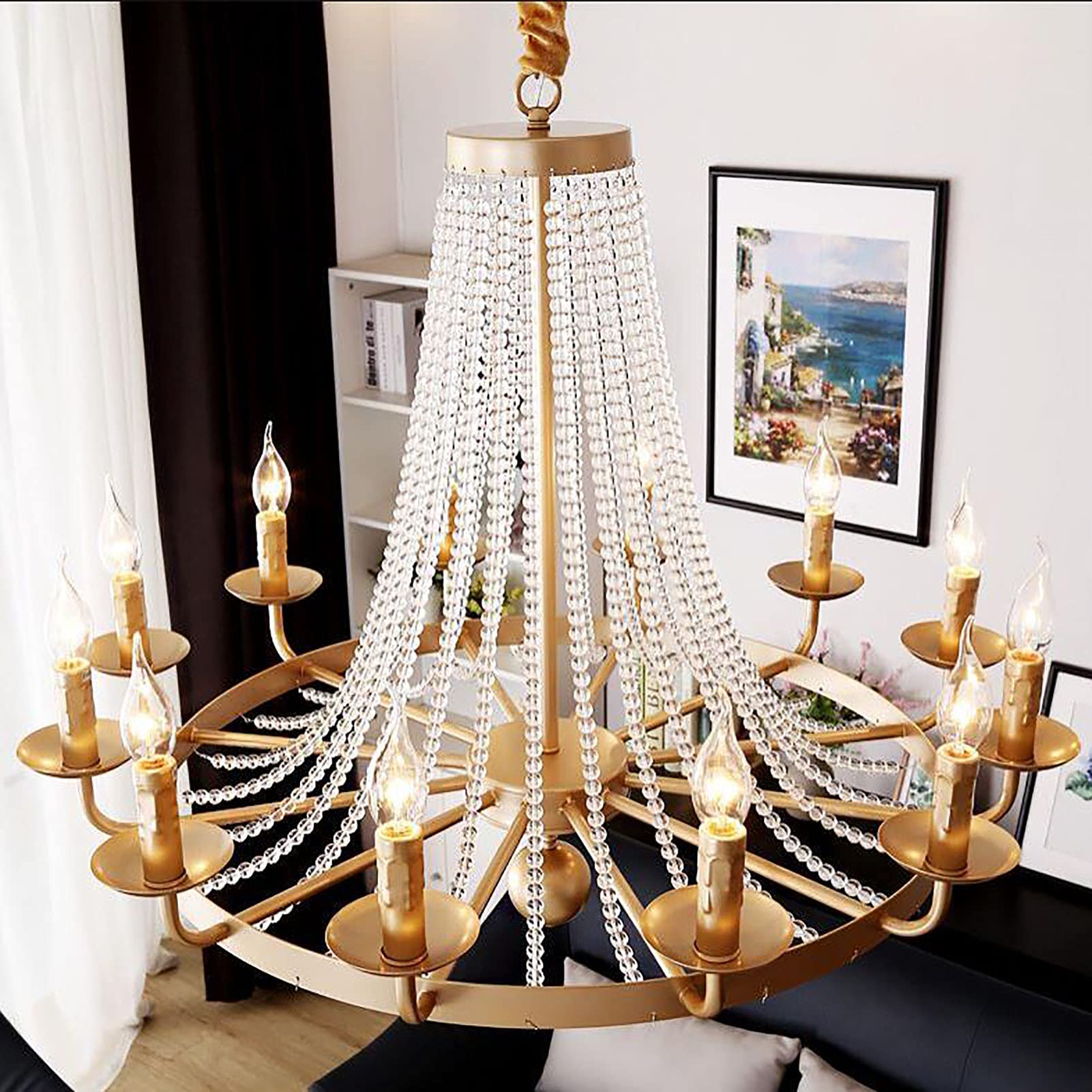 Américain Pays Bougie Lampe De Cristal,Pour Salon Salle à Manger Chambre Étude,Rétro Créatif Pastorale Éclairage,Chandelier De Salon,E14 Européen Rétro Lustre En Cristal-Golden. 100 * 58cm
