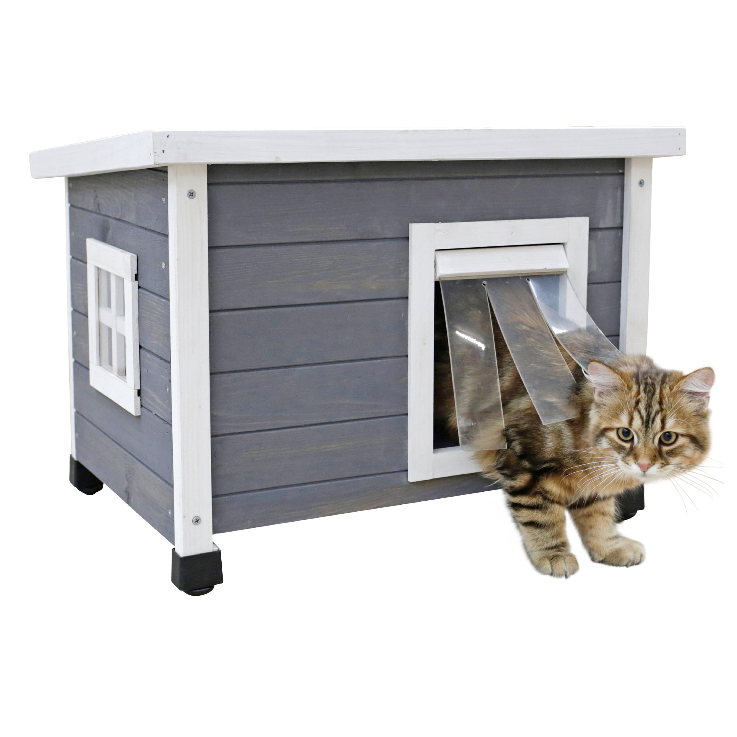 Kerbl Pet Maison pour Chat Rustica, cabane pour Chat, Gris/​Blanc, Bois Massif, 57 x 45 x 42 cm, avec Porte battante, fenêtre en plexiglas et Pieds en Plastique réglables en Hauteur