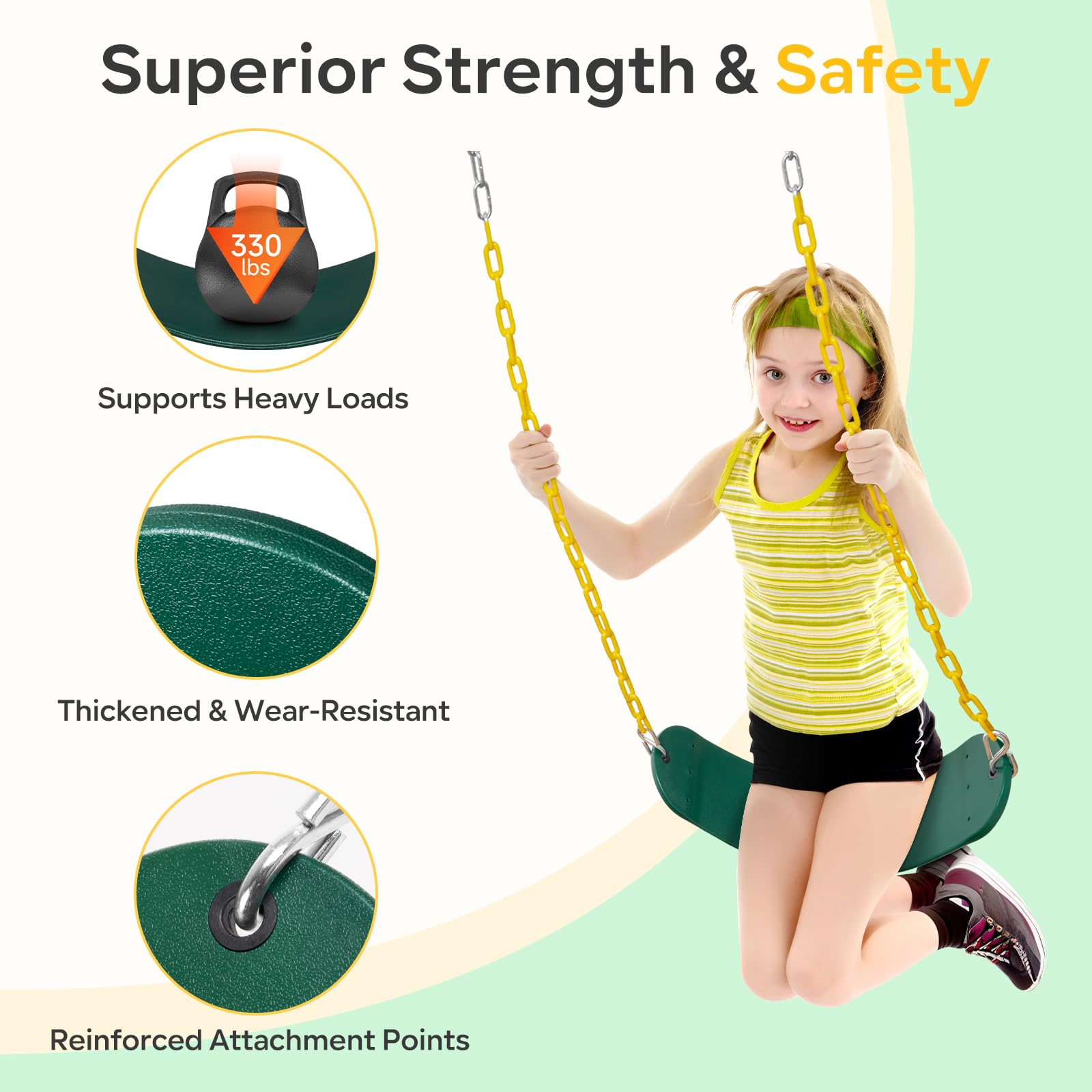 DECORLIFE Swing Seat Replacement Kits - Heavy Duty Coated Chains for Kids Adults, Supporting 330 lbs, Fully Assembled Outdoor Swing Sets Backyard Accessories with Tree Straps (Green)