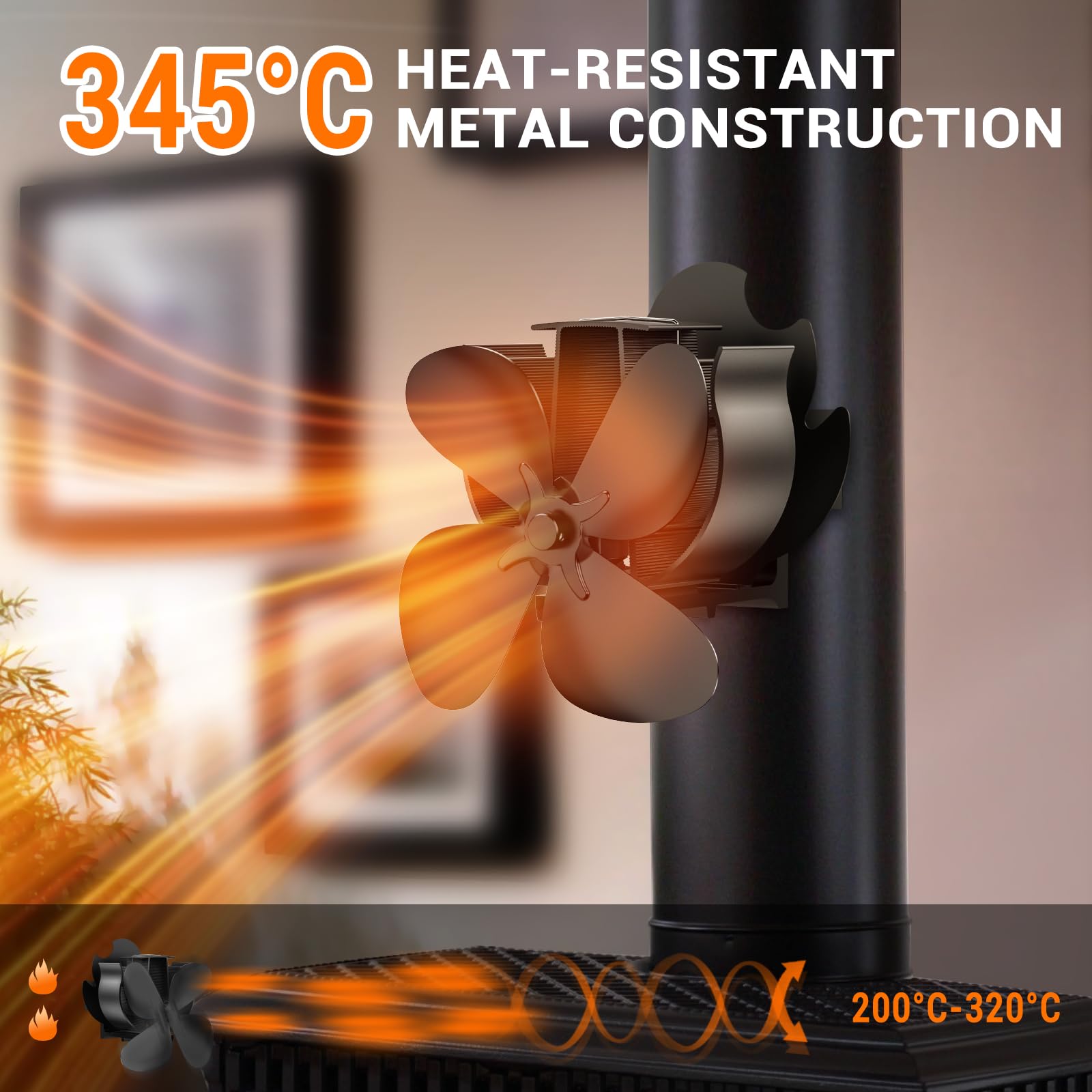 Ventilatore Per Stufa 4 Pale, Doppia Testa Ventilatore Stufa Silenzioso, Heat Circulation, Economia Ventola per Stufa Legna Adatto Tutte Caminetti (4 Pale)