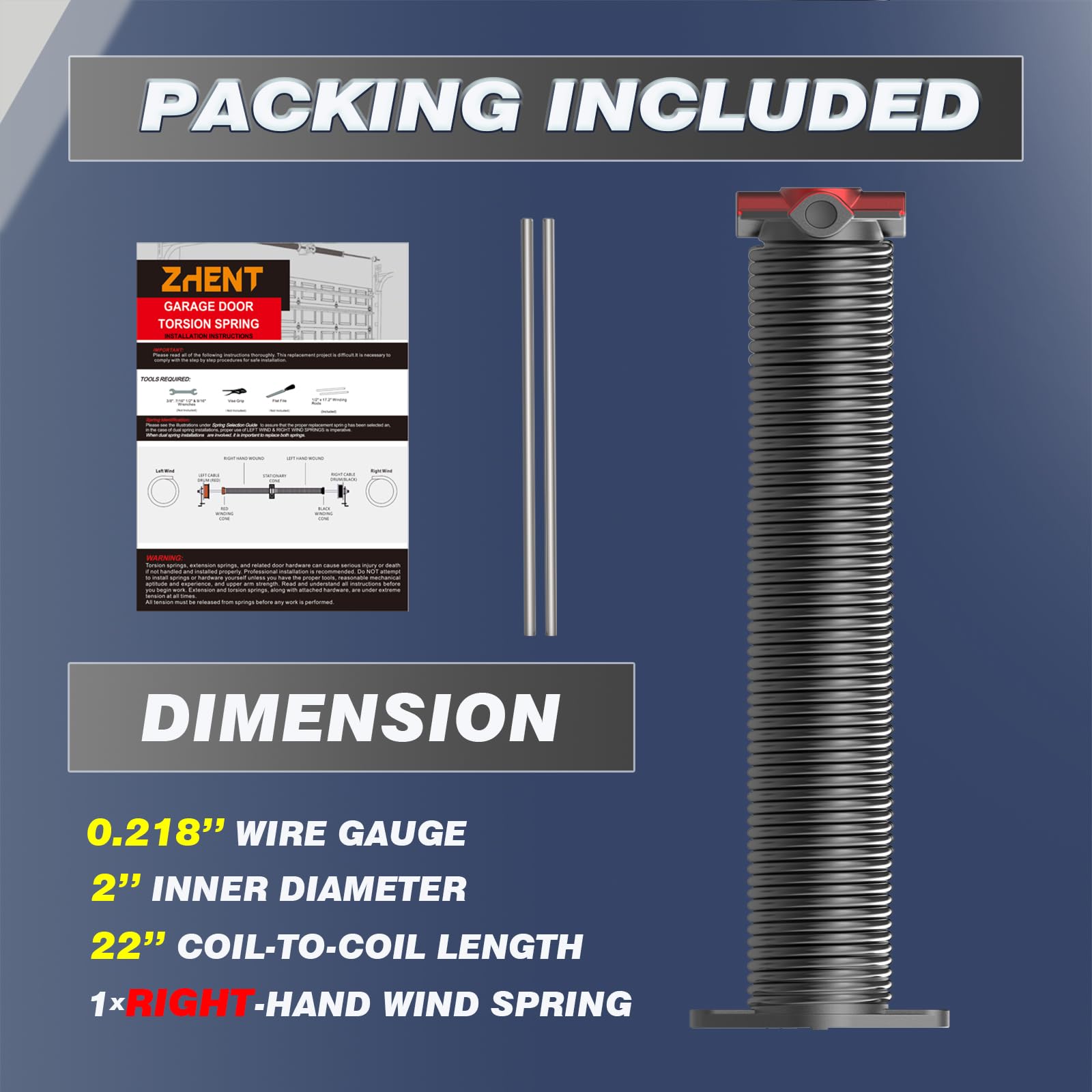 Single Right Hand Wound Garage Door Torsion Spring (Red Cone) With Winding Bars - 0.218x2x22 Inch