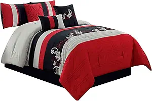 Chezmoi Collection Napa 7-Piece Luxury Leaves Scroll Embroidery Bedding Comforter Set (Full, Red/Gray/Black)