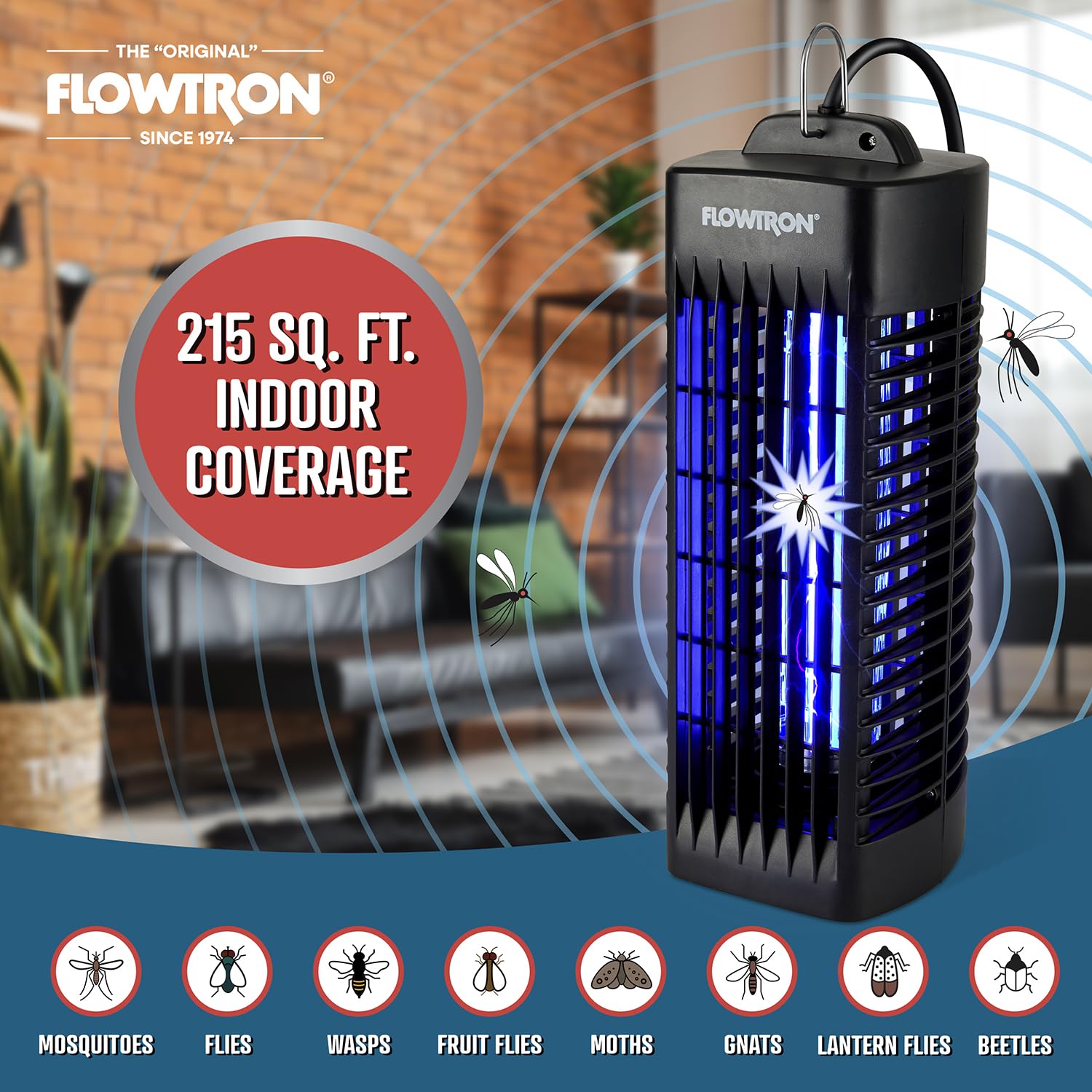Flowtron Insektenvernichter für den Innenbereich, Schwarz, 1000 V, elektrischer Insektenvernichter mit UV-Licht, 215 m² Abdeckung, Plug-in-Fliegen- und Mückenfalle für Schlafzimmer, Küche und Büro
