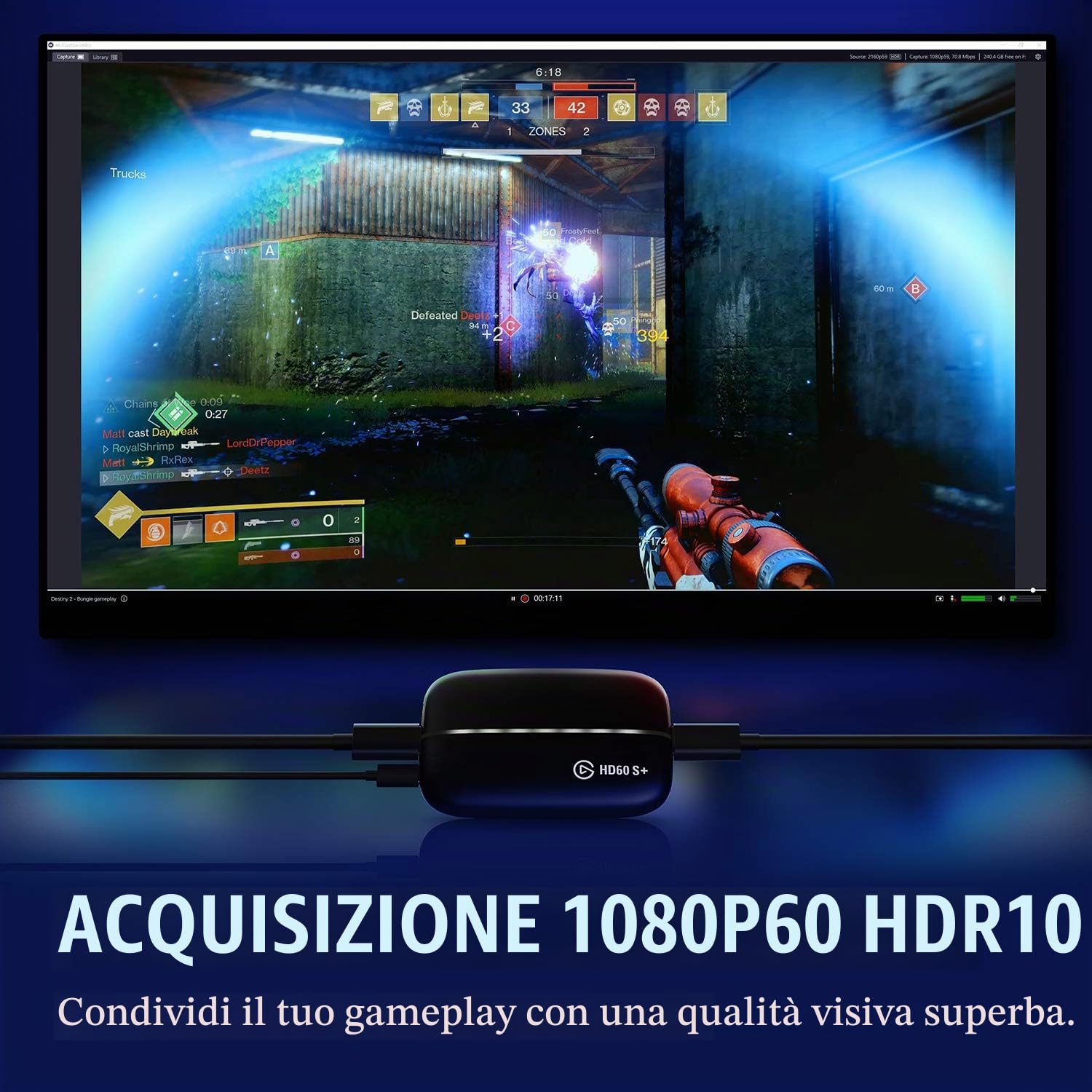 Elgato HD60 S + Game Capture Scheda di Acquisizione 1080P60 Hdr10 con Passthrough 4K60 Hdr10 senza Ritardi, USB 3.0, Tecnologia a Latenza Ultra Bassa, Nero