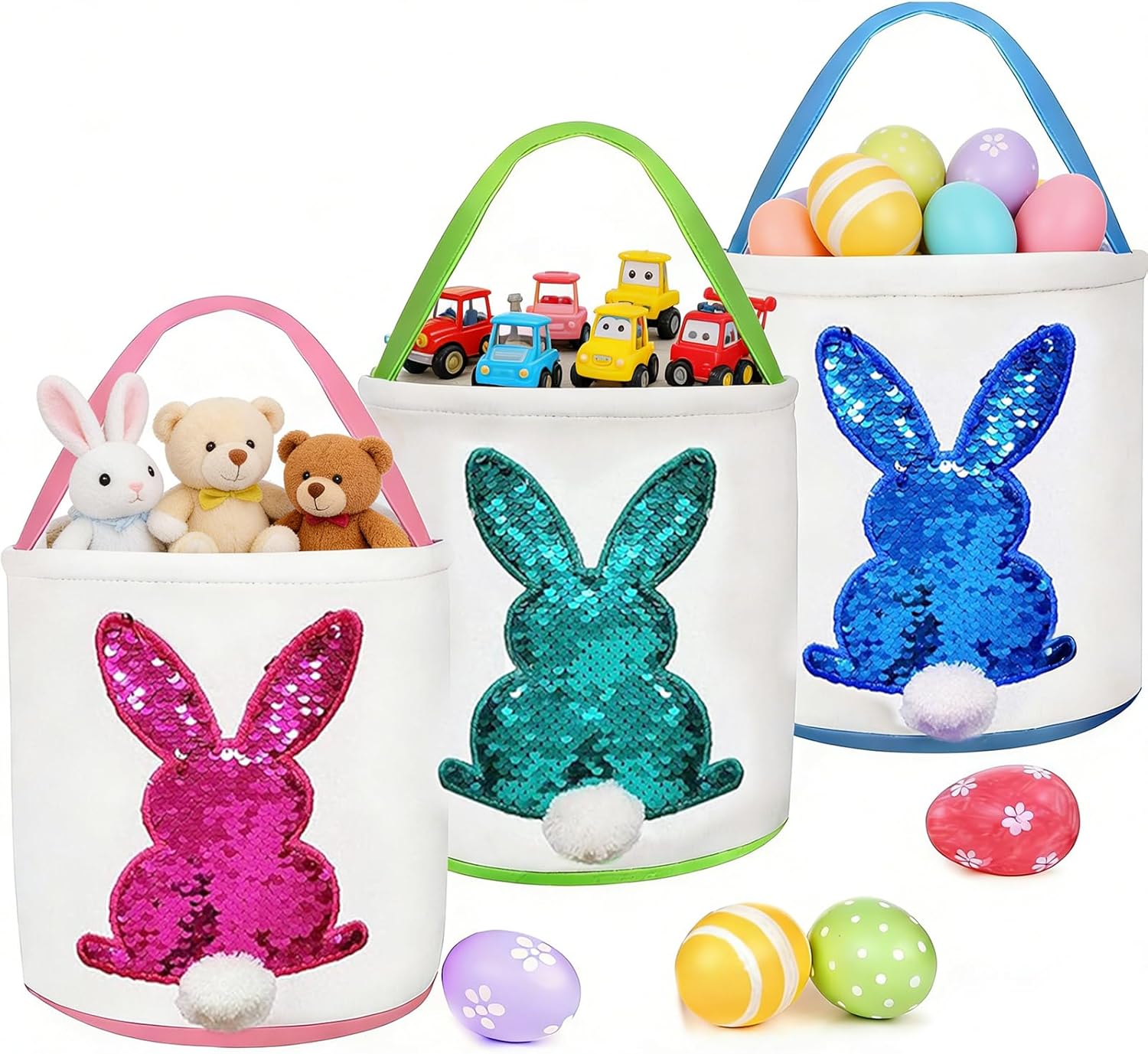TOPLEE 3 Pack Easter Eggs Baskets for Kids,Canvas Personalized Easter Bunny Baskets Bucket Tote Gifts Bags with Rabbit Fluffy Tail for Girls Boys Easter Eggs Hunt Easter Party Favors Decorations Toy