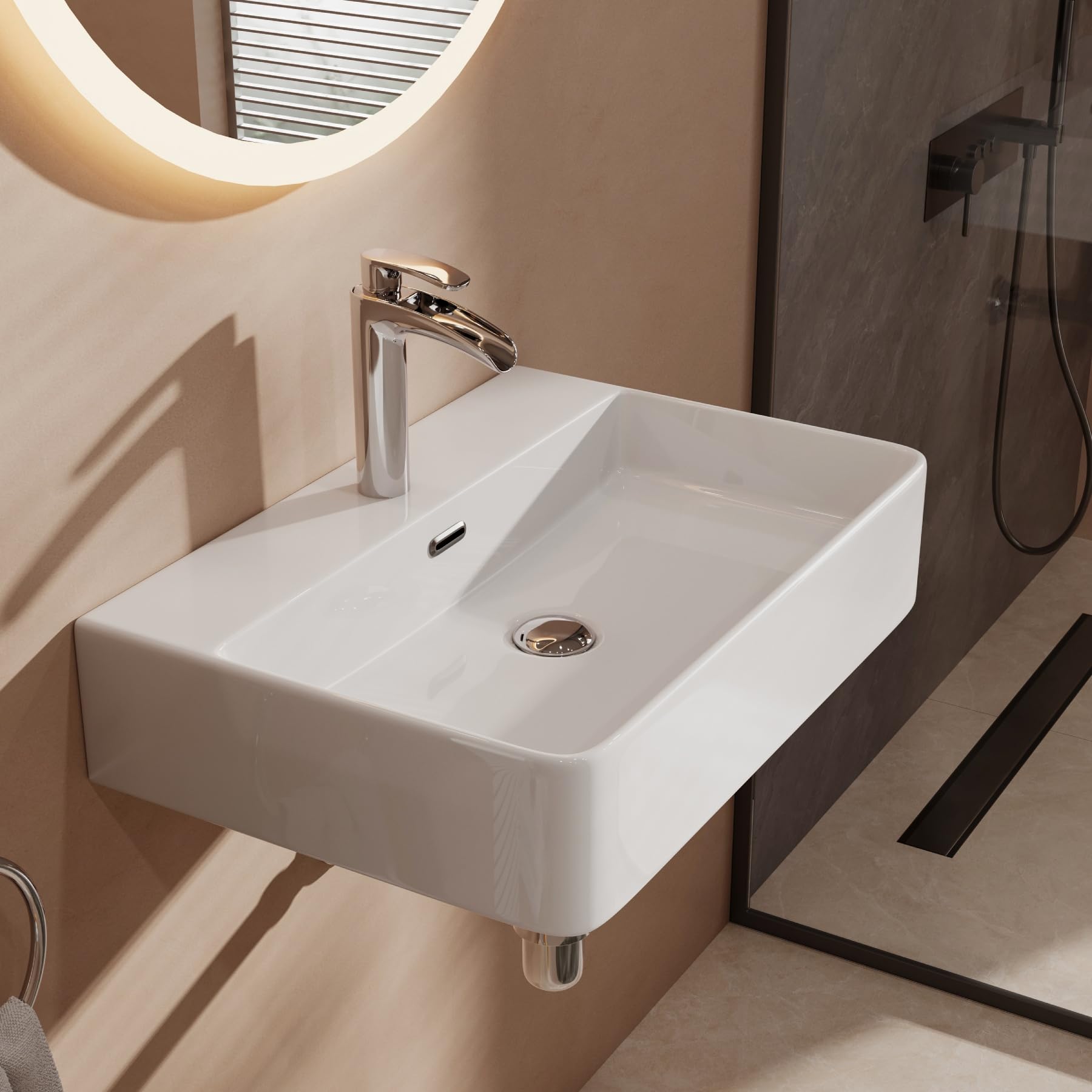 Lavabo de baño de 60 cm de ancho, lavabo superior con orificio para grifo y rebosadero, cuadrado, montado en la pared o en la pared, sin grifo