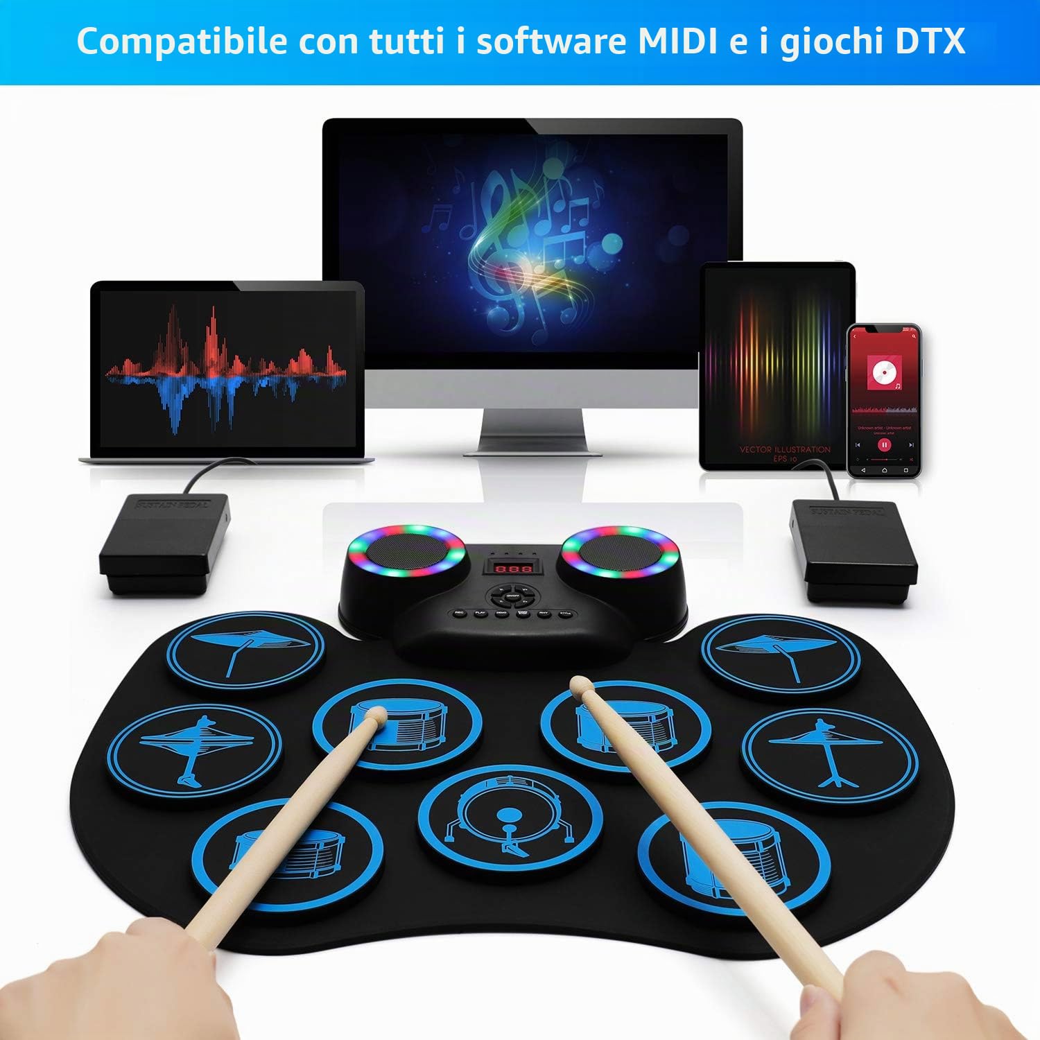 Uverbon Batteria Elettronica Portatile Roll-Up Kit con Altoparlanti Stereo Bluetooth per Bambini