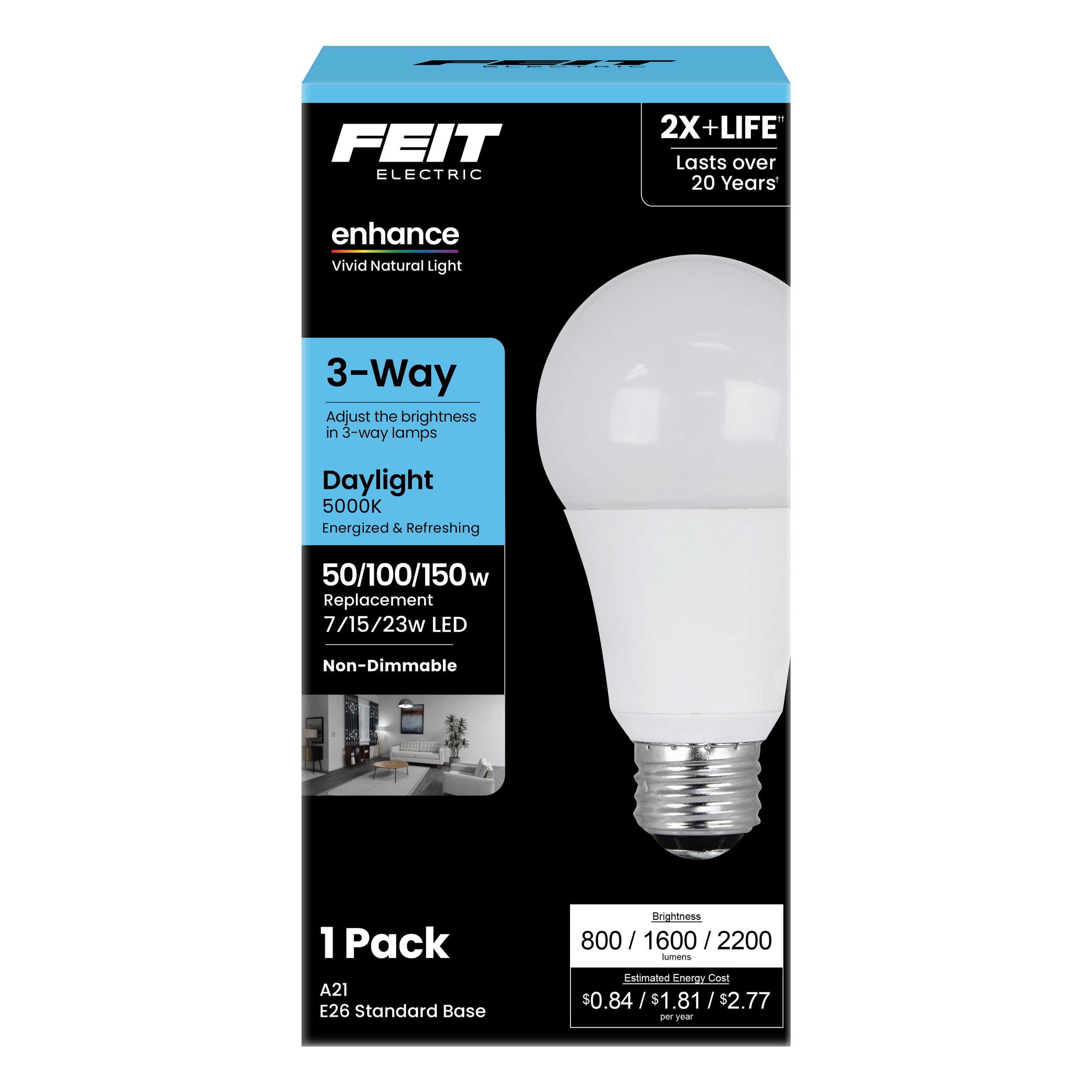 Feit Electric A21 LED Light Bulb, 3-Way Adjustable Wattage 50/100/150 Equivalent, E26 Base, Non Dimmable, 2200 Lumen, 5000K Daylight, General Purpose Bulbs, 25,000-Hour Lifetime, A50/150/950CA