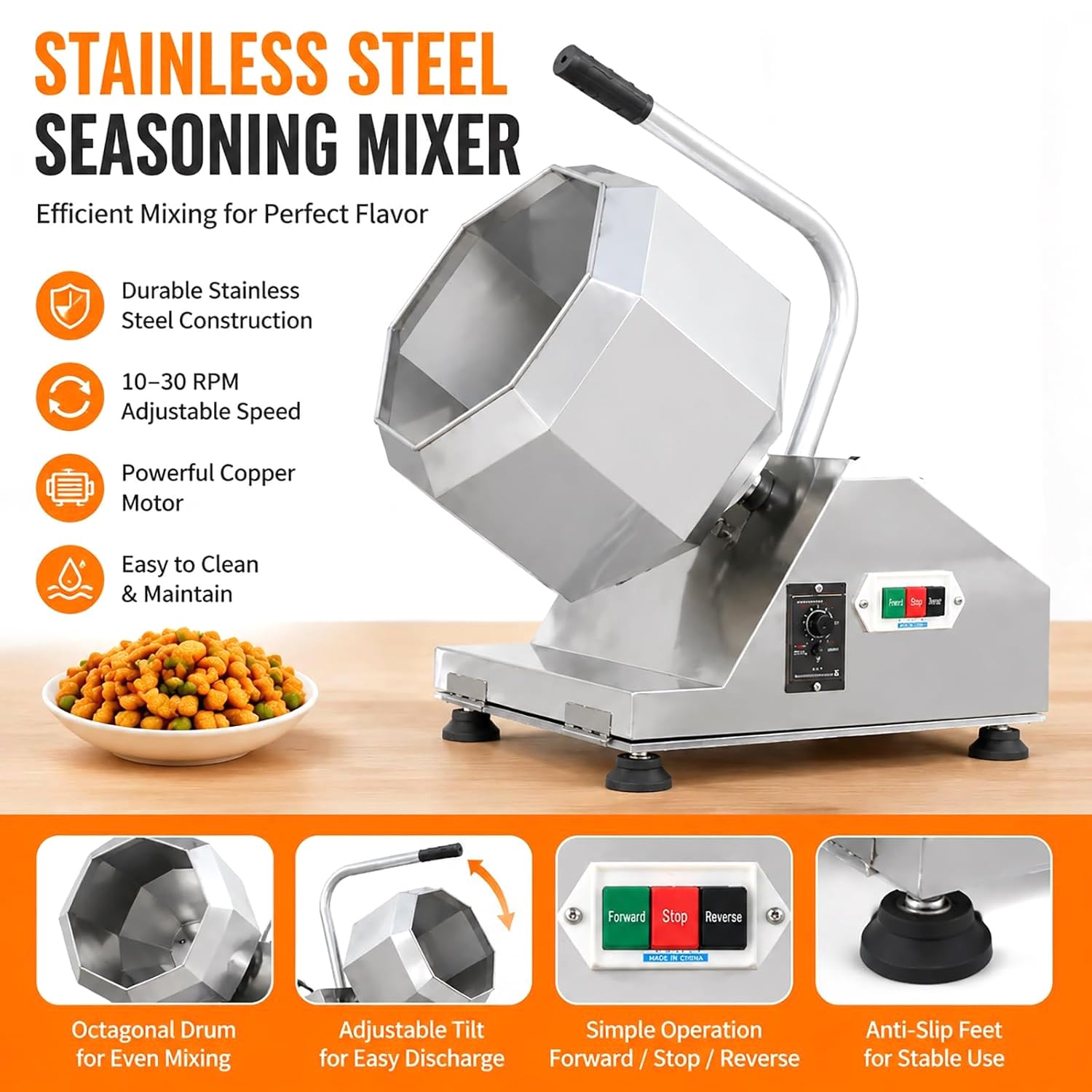 Mélangeur Alimentaire Professionnel, en Acier Inoxydable, pour Marinade Et Enrobage De Viande, Capacité De 15 L, Rotation Réversible, Vitesse Réglable De 10 À 30 TR/Min, Vidange par Inclinaison,