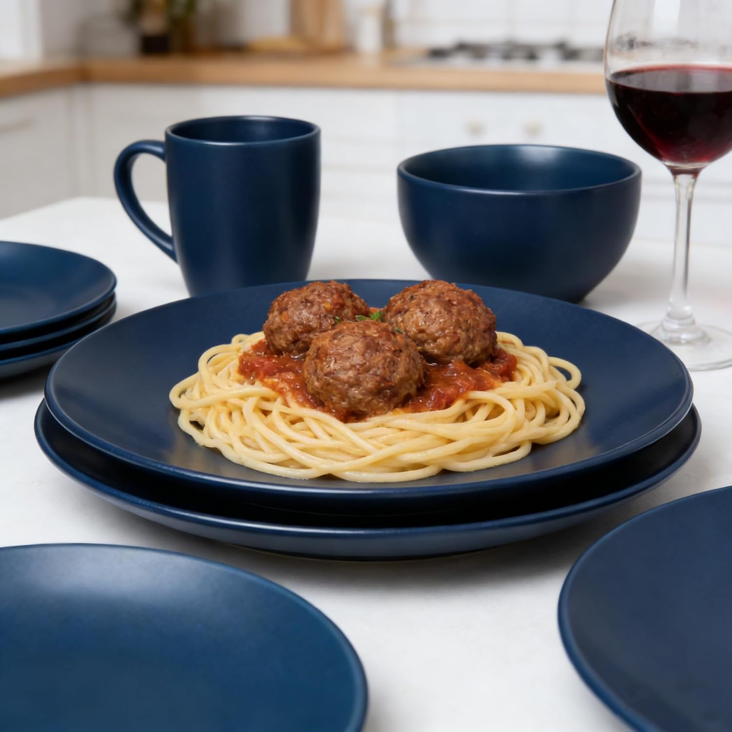 wocaxc16-Pieces Stoneware Dinnerware Set, Kitchen Dinnerware Ceramic Crockery Set, Dinner Service Set for 4, Include Dinner Plate, Dessert Plate, Cereal Bowl and Mug. (navy blue)