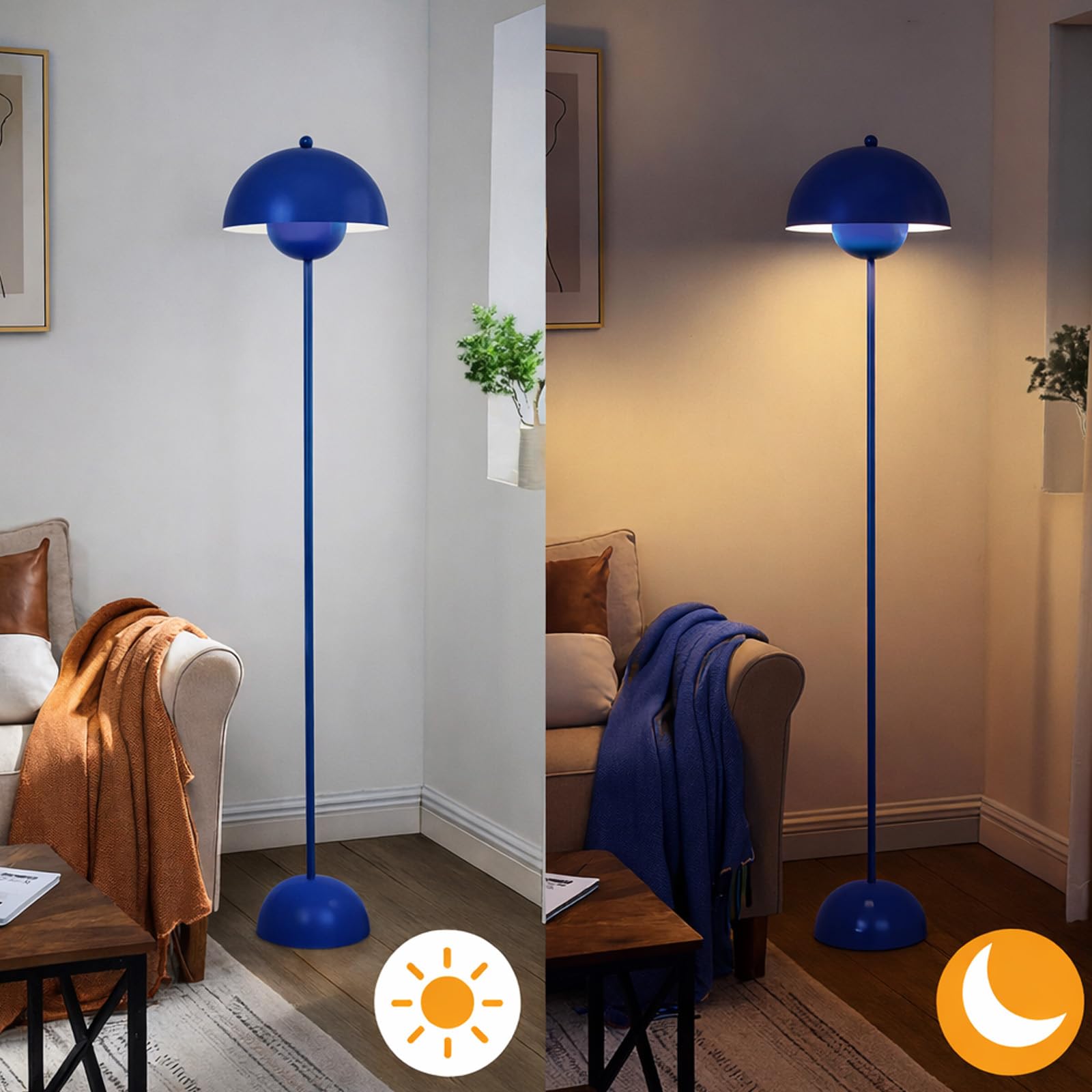 Alpinaluz Lampa stojąca ze stali z kopułowym kloszem – nowoczesny, nordycki i retro – oświetlenie pośrednie – oprawka LED E27 – przełącznik nożny do salonu, sypialni lub jadalni (błękit kobaltowy)
