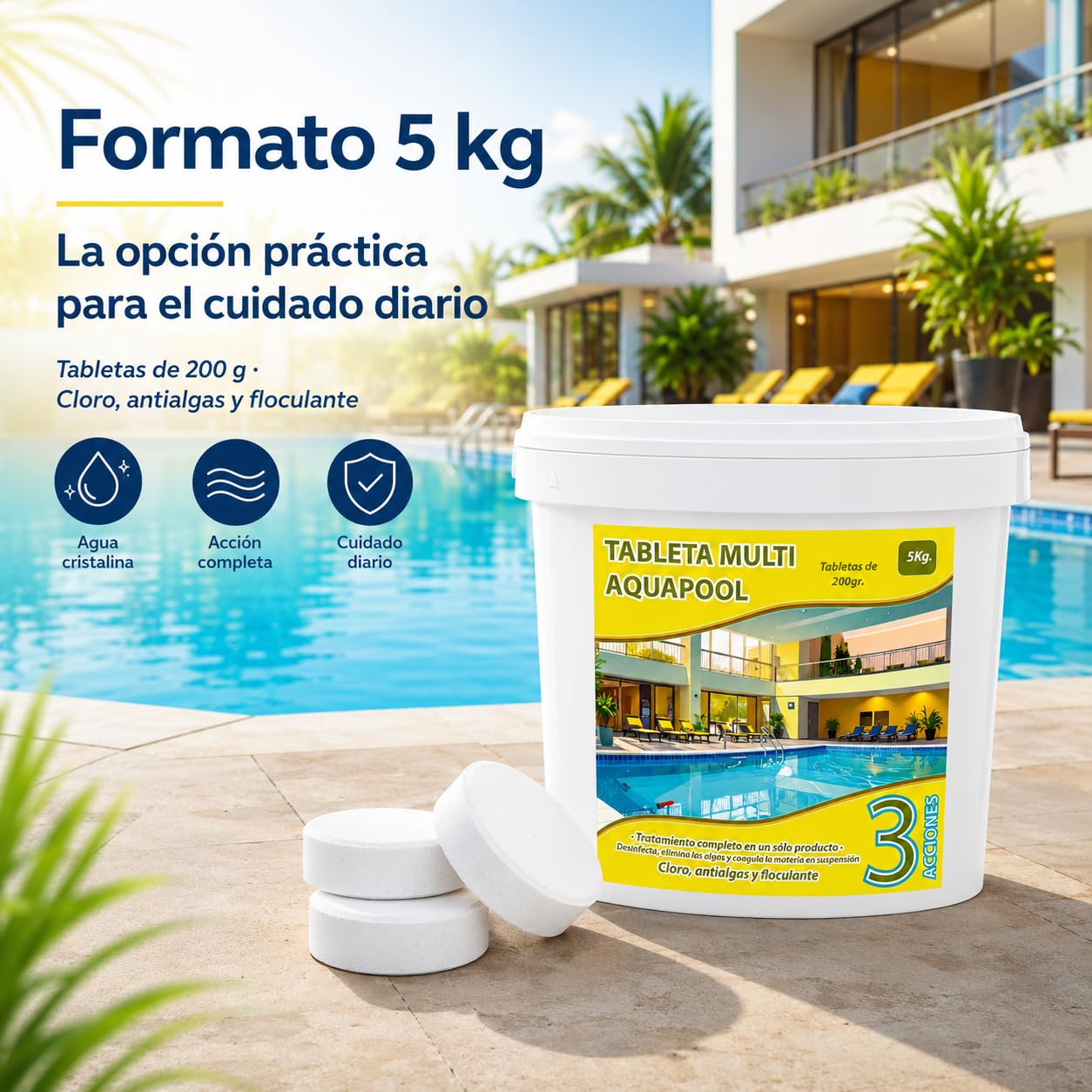 Pastillas de Cloro multifunción 200 Gramos 3 acciones 5 KG - Apto para Liner no Contiene Cobre