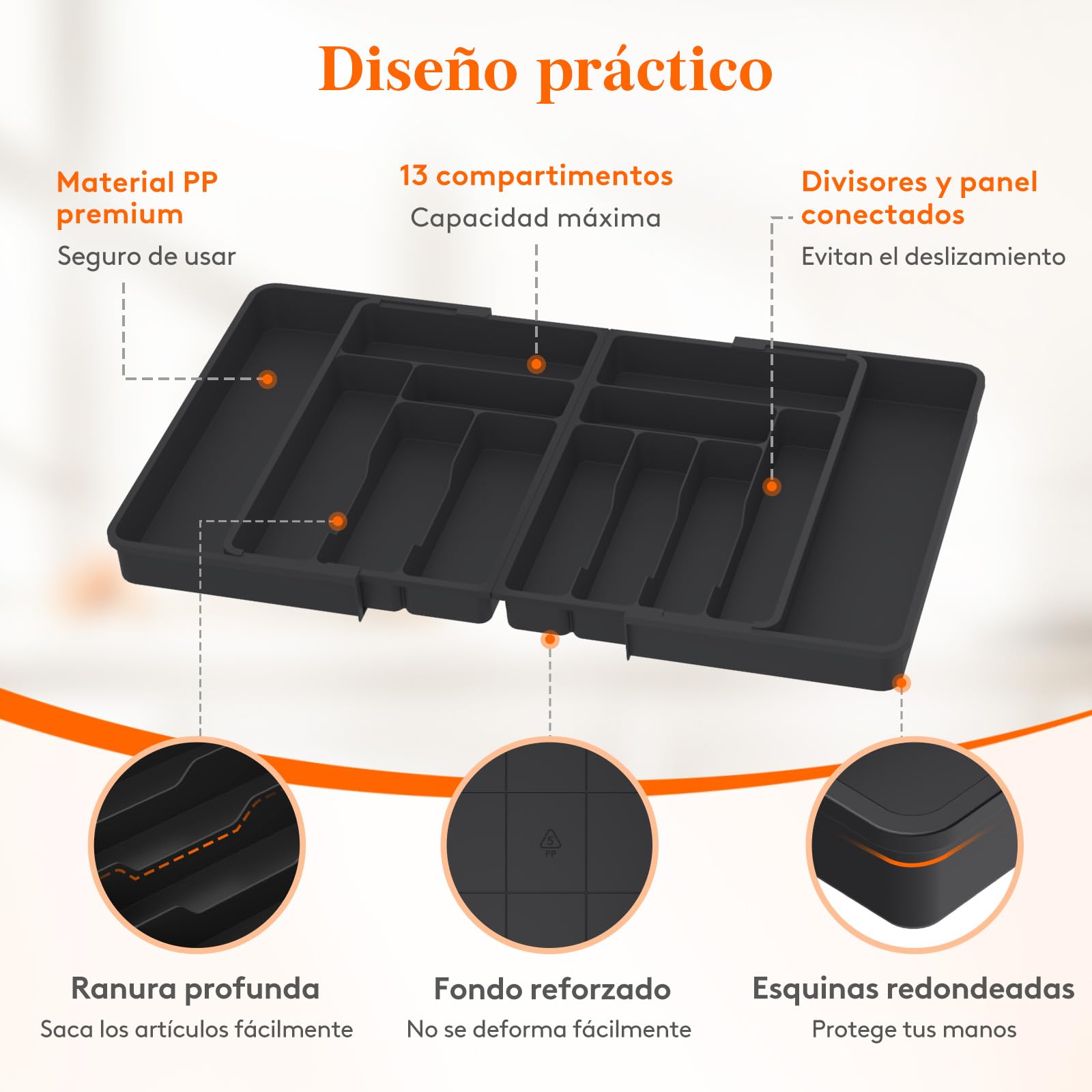 Lifewit Grandes Organizador Cuberteros para Cajon, Extensible al 36 Pulgadas de Ancho, BPA Free Bandeja Vajilla de Cocina, Tabletas Separador de Plástico para Cuchillo/Cuchara/Tenedor, Negro