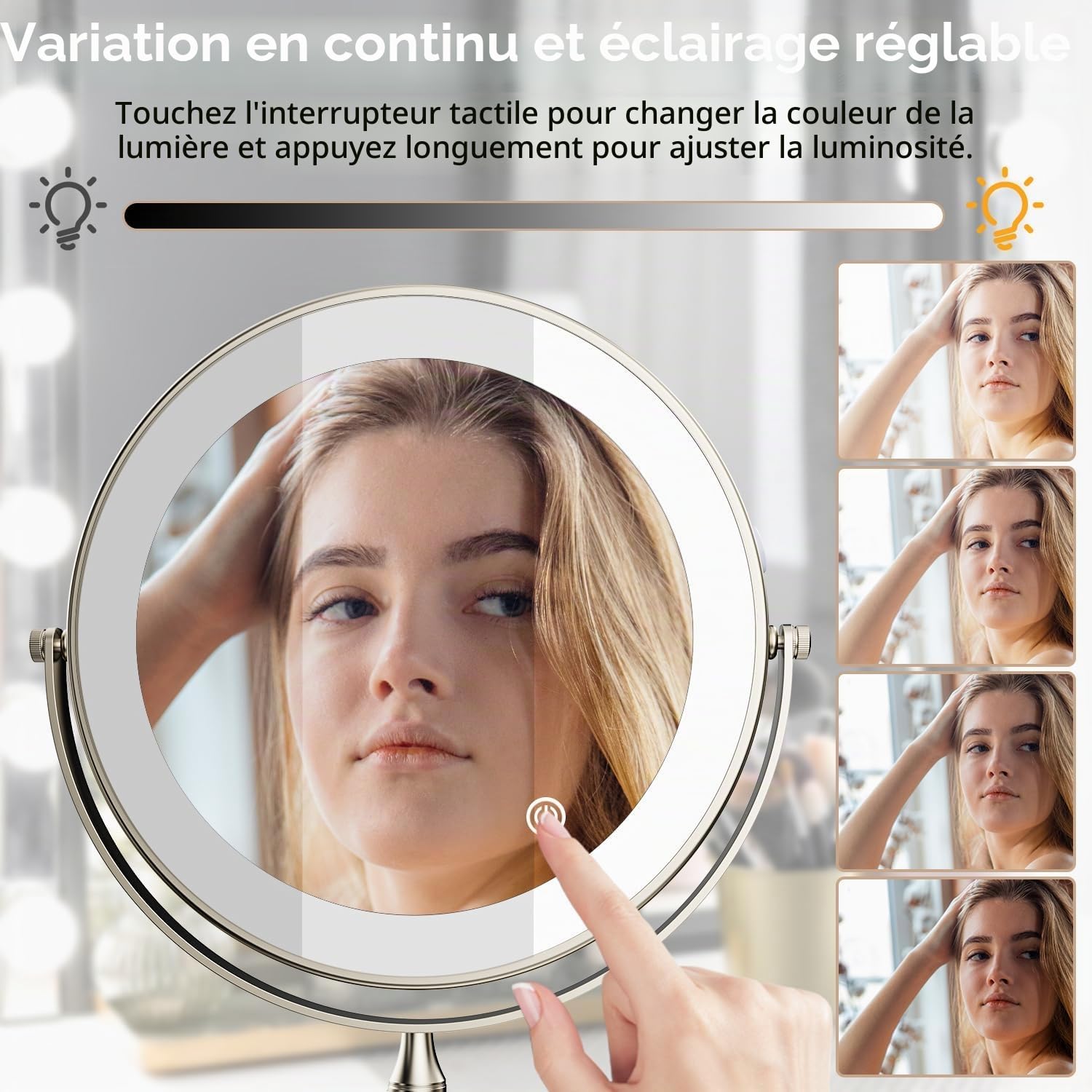 Miroir Grossissant Lumineux 1X/10X Mural Miroir Grossissant Lumineux Mural et 360°Pivotant 3 couleurs luminosité et température de couleur réglables USB Rechargeable, pour coiffeuse, salle de bain
