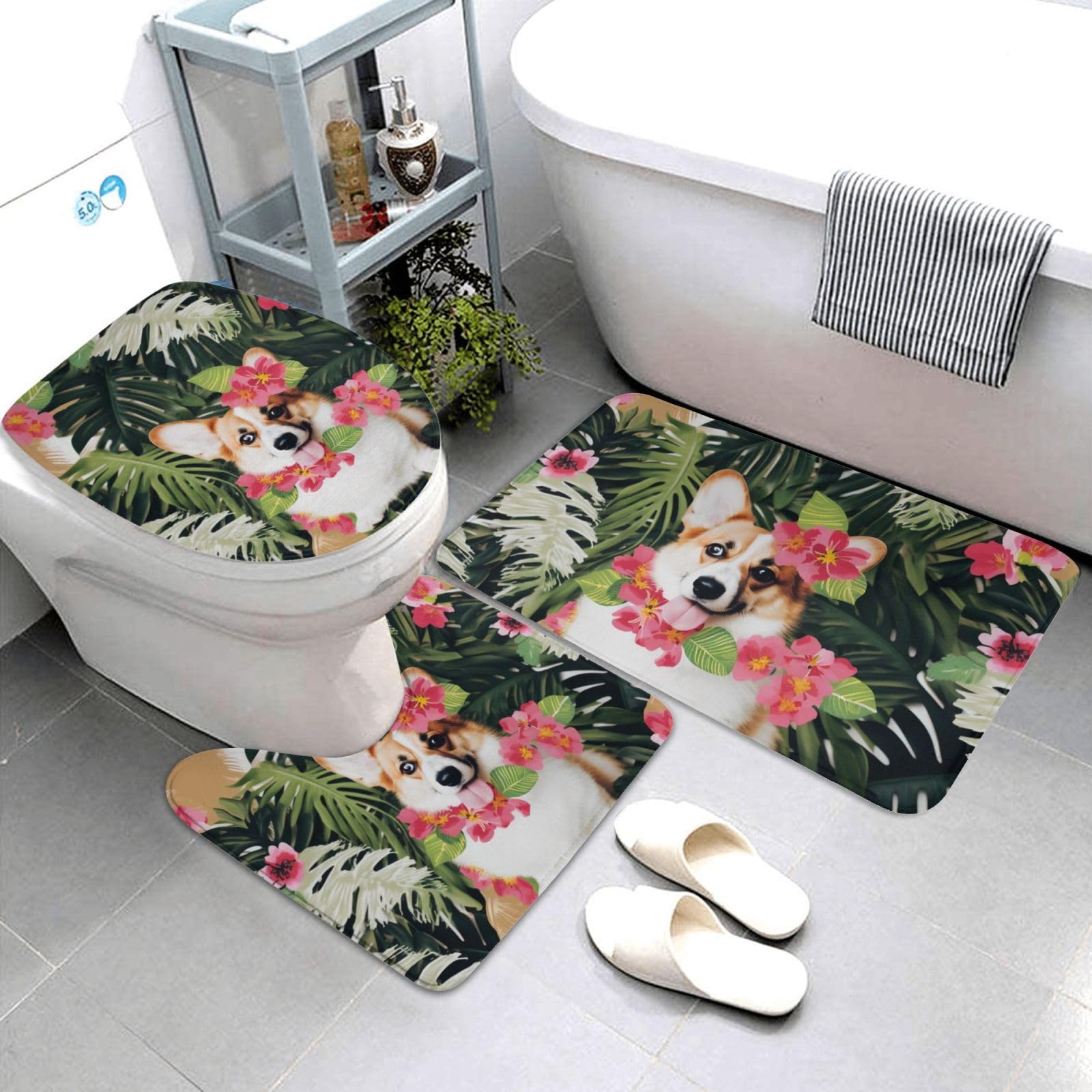 Lot de 3 tapis de salle de bain en flanelle avec tapis de bain + tapis contour + housse de siège de toilette - Motif fleurs tropicales et corgi - Antidérapant et absorbant