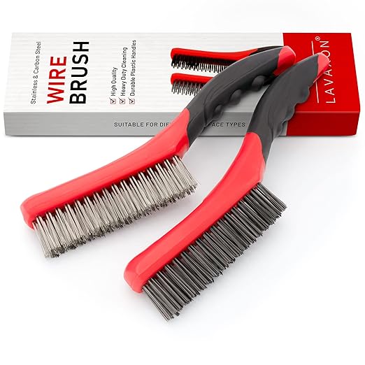 Wire Brush Set-Heavy Duty Stainless & Carbon Steel Bristles with Plastic Handle Grip for Rust, Wielding Slag, Dirt & Paint Scrubbing with Deep Cleaning – 10 Inches, Large (Pack of 2-Red)