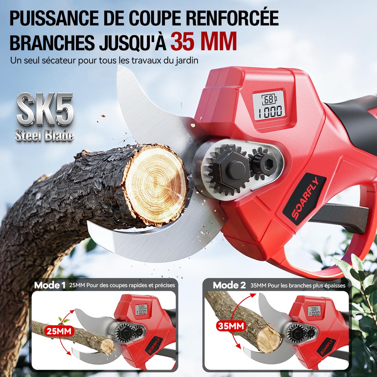 SOARFLY Sécateur Électrique Sans Fil, Sécateur Électrique, Akku Gartenschere 35 mm, 450W Brushless Motor, 2 x 21V Akku, SK5 Stahlklinge, LCD Anzeige, Für Obstbäume Gartenpflanzen Reben, Rouge