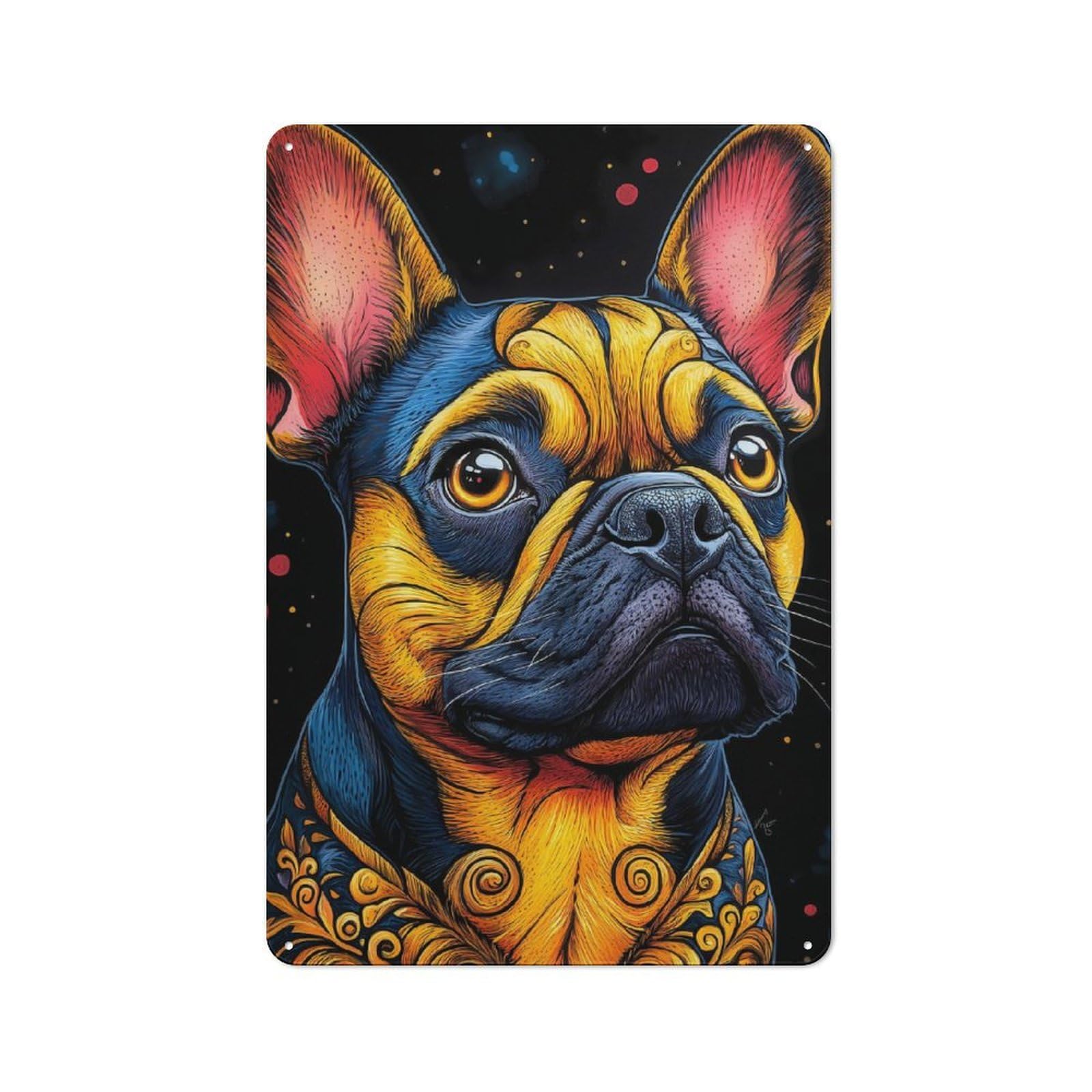 Junmoney Colorful French Bulldog Portrait 30X20cm Rustic Metal Sign With For Home Office Or Studio, Gift For Studio Owners During The Christmas Season