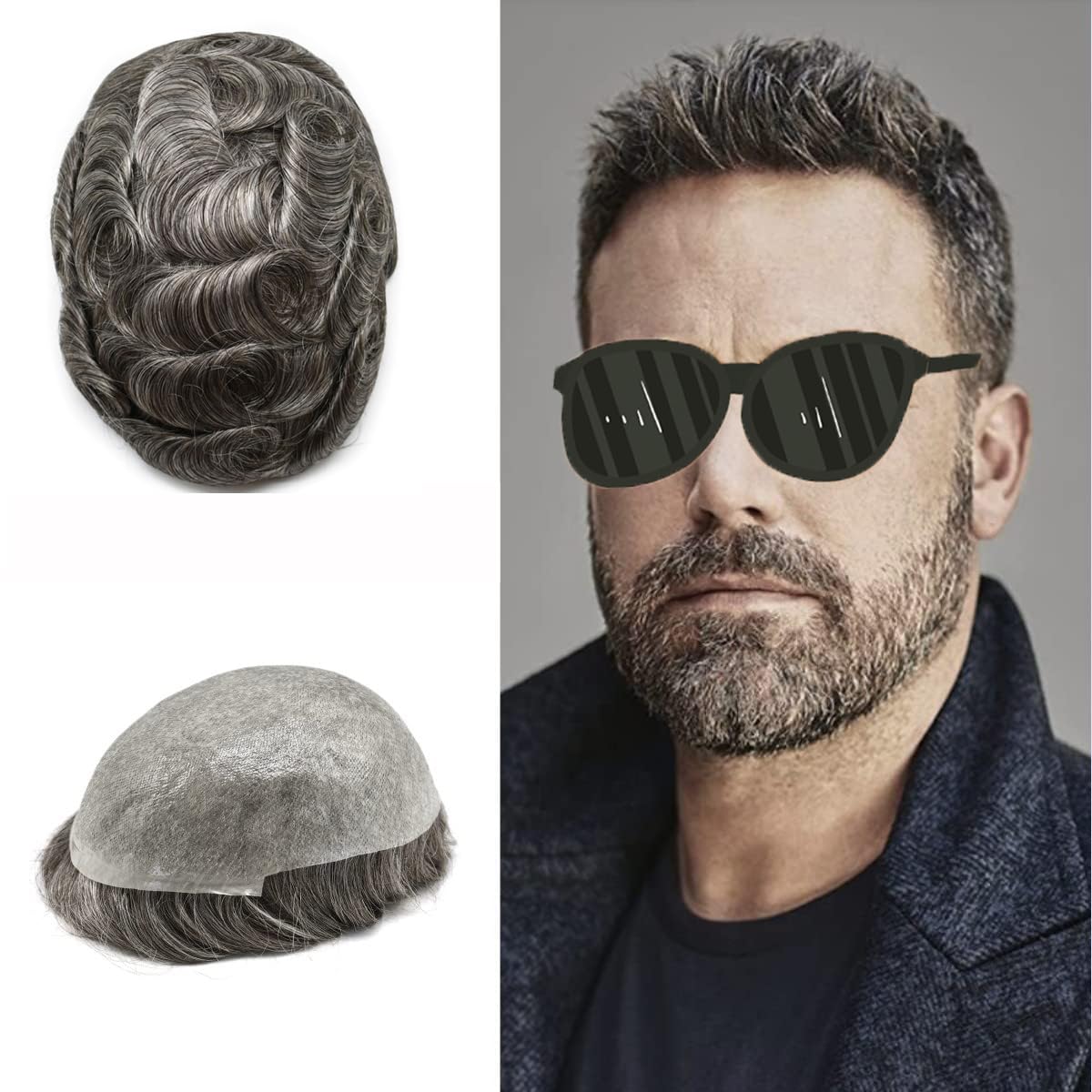 Ultra Thin Skin Toupee for Men Hair Pieces Human Hair Mens Toupee Hair System V-looped Hairpiece for Men Hair Replacement Men Hair Prosthesis 8x10-90% light density #1B40 1B# OFF BLACK+40% Grey