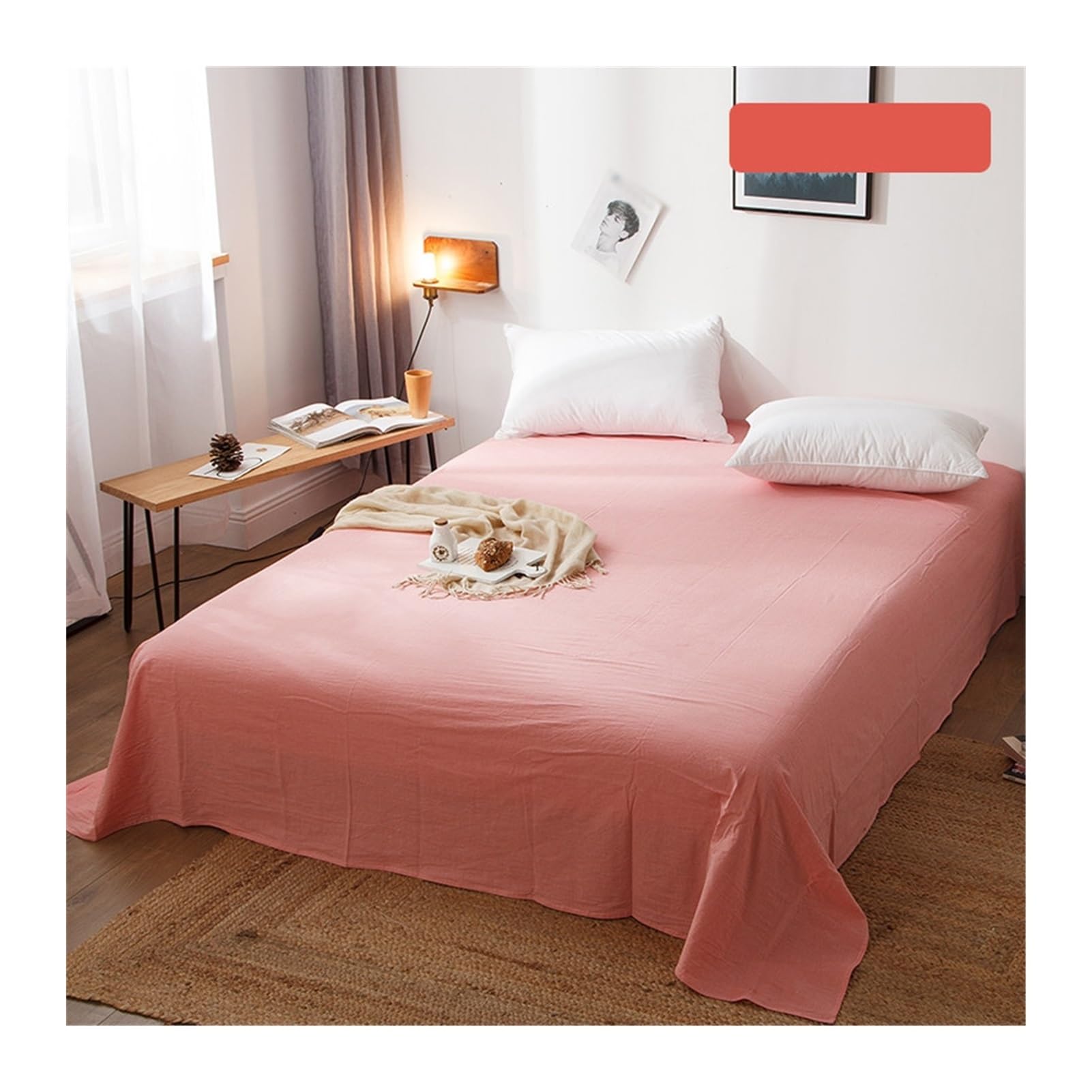 Bettlaken Flaches Laken aus 100% gewaschener Baumwolle ohne Gummi leinenähnliche Struktur atmungsaktiv weich bequem Betttuch for Einzelbett Doppelbett(Pink A,180x245cm)