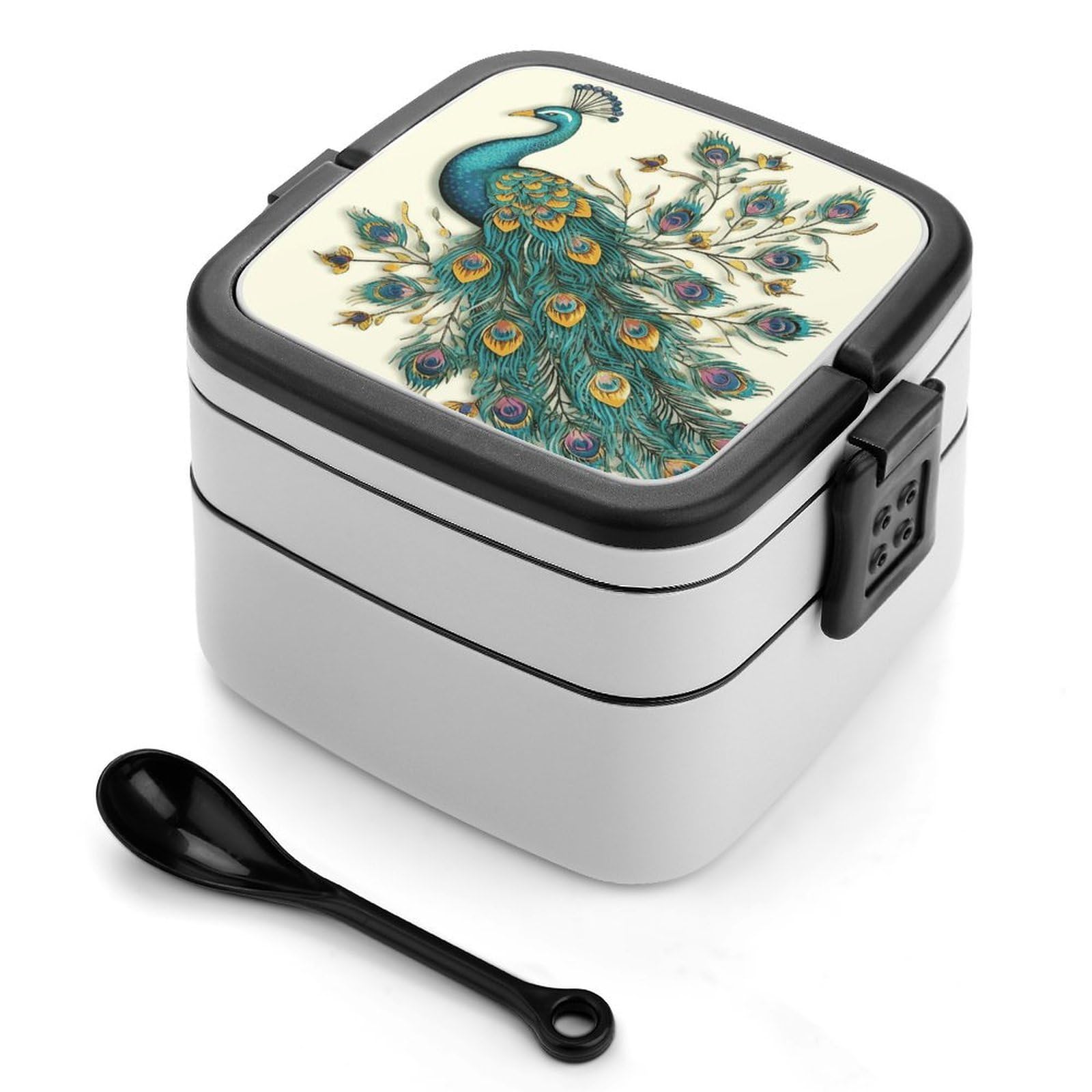 FekiLoot Peacock Pattern Bento Box Adult Lunch Box Sealed Bento Lunch Boxes with Spoon Sturdy Double Layer Bento Boxes Snap-on Design Leak Proof Lunch Containers Ideal for Work