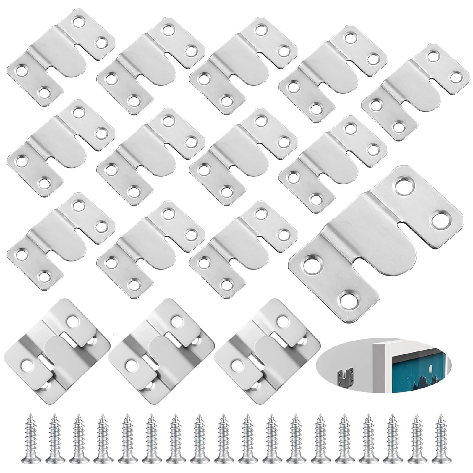 40 Pieces (20 Pairs) Heavy Duty Picture Frame Hangers, Flush-Mounted Concealed Bracket, Interlocking Picture Hanger, Stainless Steel Furniture Connector, Hook for Sofa, Furniture Picture Frame