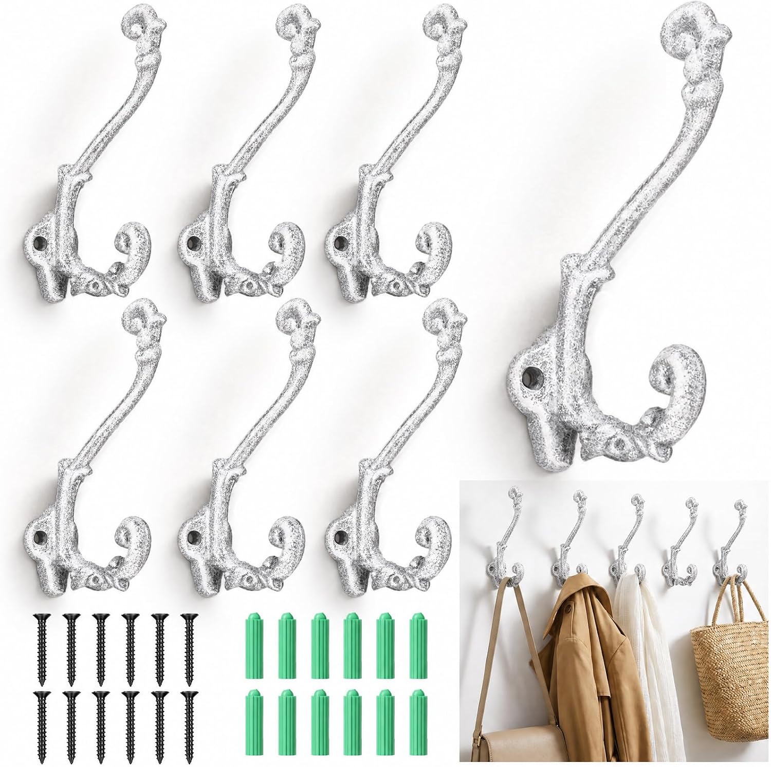 Chumia 6 Pack Rustic Cast Iron Wall Hooks Antique Brass Vintage Coat Hooks Heavy Duty Rustic Wall Mount Hook 35 Lbs Capacity Rust Resistant Farmhouse Hanger for Entryway Bathroom Indoor Outdoor