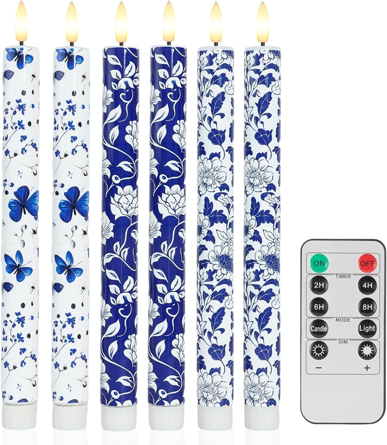 MAITREYA Chinoiserie Flameless Taper Candles Blue and White Chinoiserie Decor Battery Operated Led Candlesticks for Wedding Party Home Table Centerpiece Christmas Halloween Gifts，10.6 Inch，6 Pcs