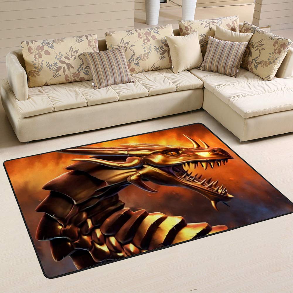 Tapis microfibre dragon doré en polaire anti-boulochage haut de gamme