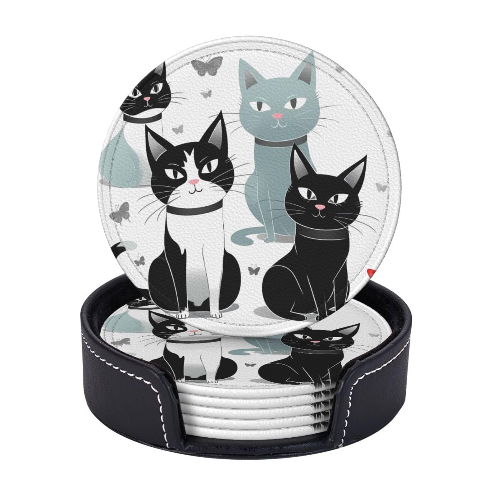 Round Coasters for Drinks Set of 6 - PU Leather Coasters with Holder - Modern Drink Coasters for Coffee Table - Black and White Cats Coaster for Tabletop Protection 4" Cup Mat Pad