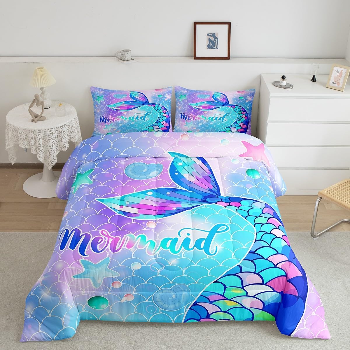 Little Mermaid Queen Rainbow Scales Comforter Set - Mermaid Printed Pattern Bedding Comforter Set for Toddler Kids' Bedroom, Ocean Life Duvet Insert for All Season