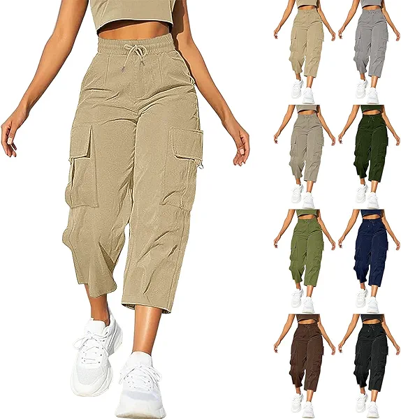 Women's Hiking Pants Cargo Joggers with Pockets Lightweight Quick-Dry Athletic Capris for Running Workout Khaki