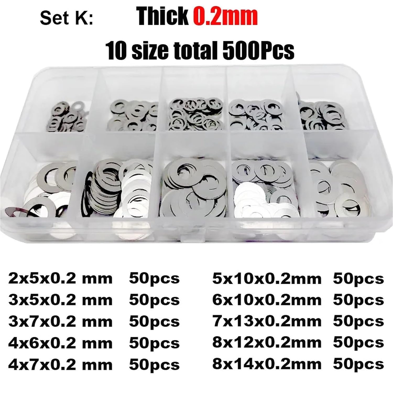 M2 M3 M4 M5 M6 M7 M8 304 Stainless Steel Ultra Thin Flat Washer Adjusting Shim Plain Gasket Assortment Kit Set 500/750/1200Pcs(Set K)