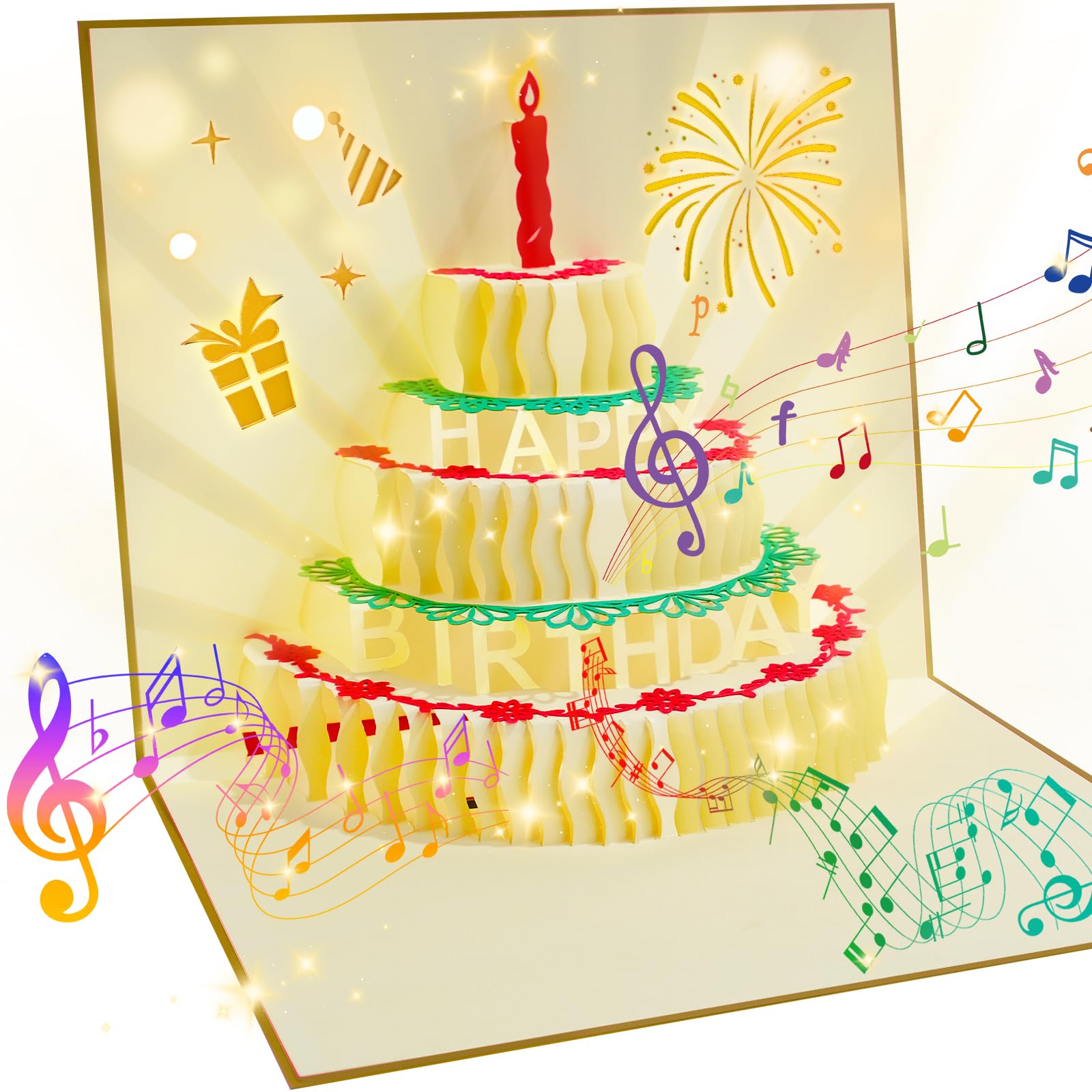 CANREVEL 3D Pop Up Birthday Cards,Warming LED Light Birthday Cake Music Happy Birthday Card Postcards Greeting Cards for Mom,Wife,Sister,Boy,Girl,