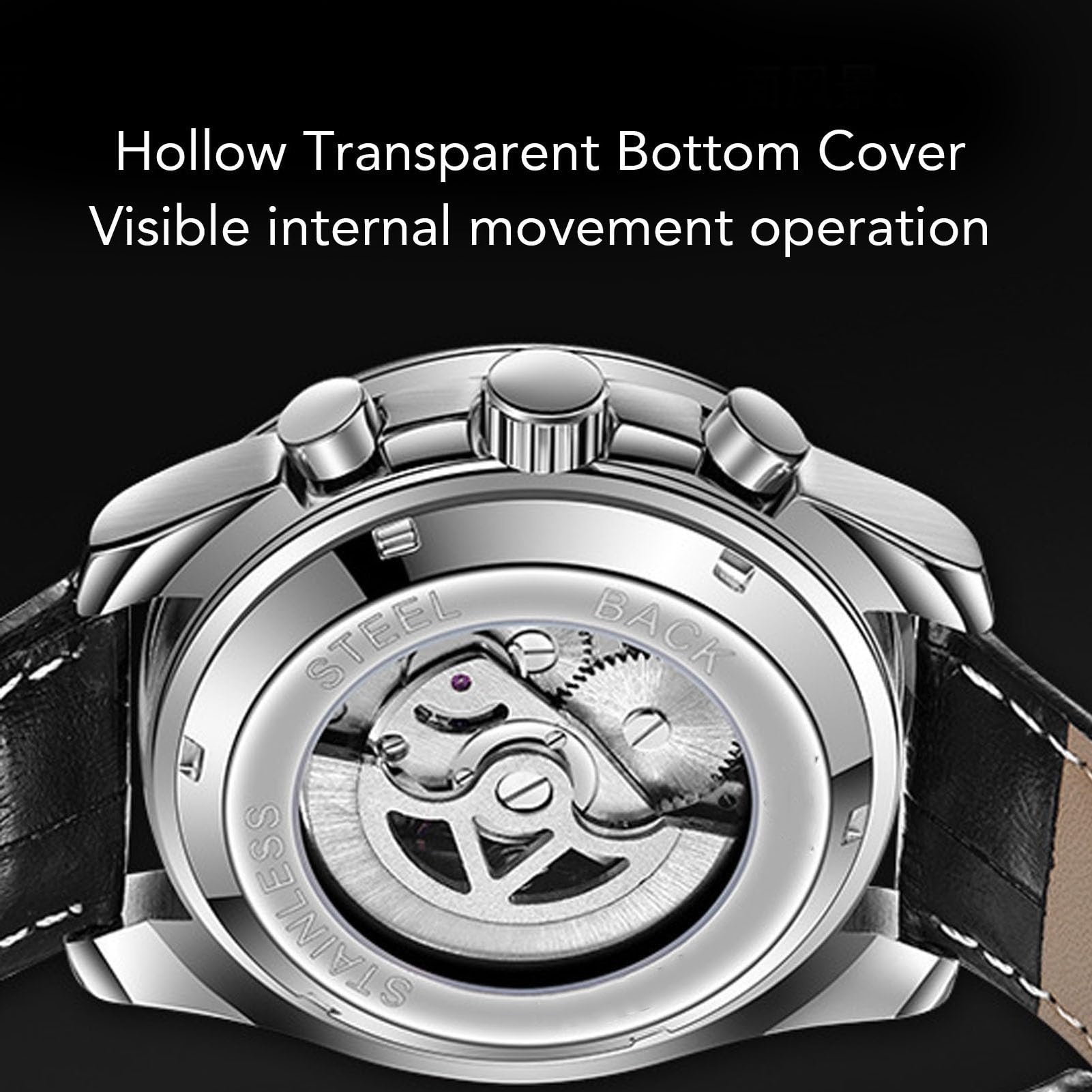 TOPINCN Reloj Mecánico Automático para Hombre, Cronógrafo de Lujo, Fase Lunar, Cuerda Automática para Negocios, Correa de Cuero PU de Acero Inoxidable, 45mm
