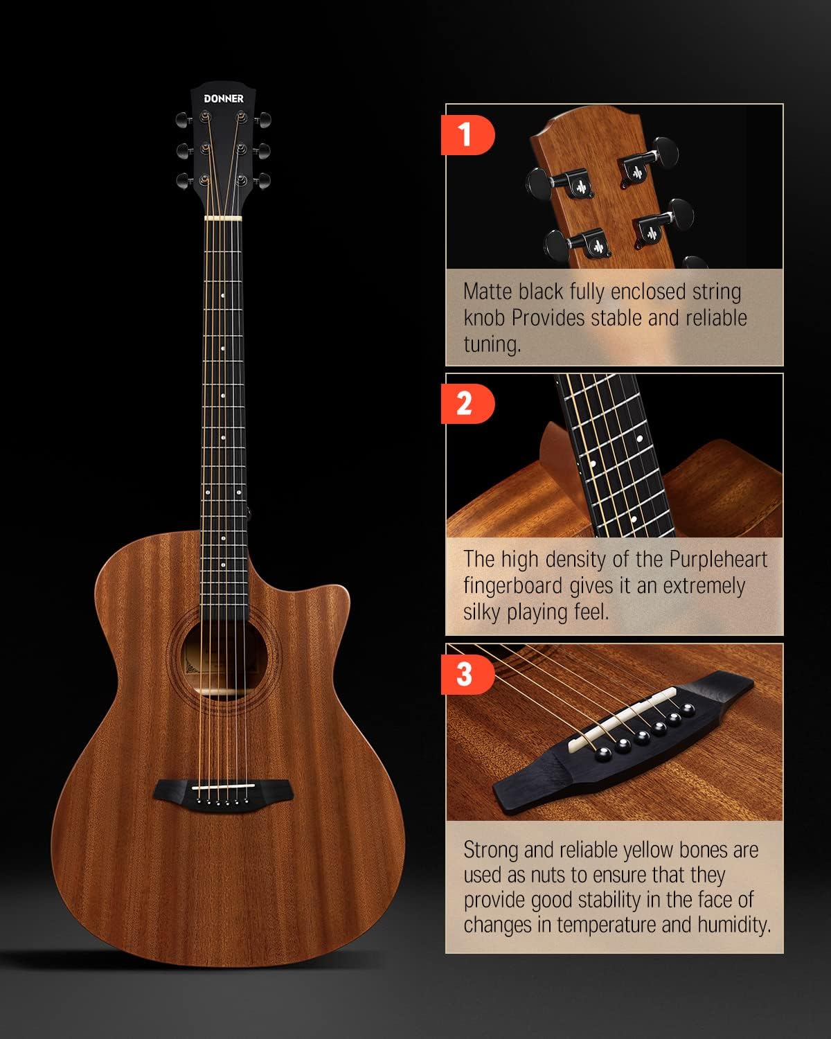 Donner Acoustic Guitar Beginner Full Size 41 Inch Soild Mahogany Top Cutaway Grand Auditorium Adult Starter Bundle Kit with Gig Bag Strap Tuner Capo Pickguard String 4 Picks Cloth Right Hand