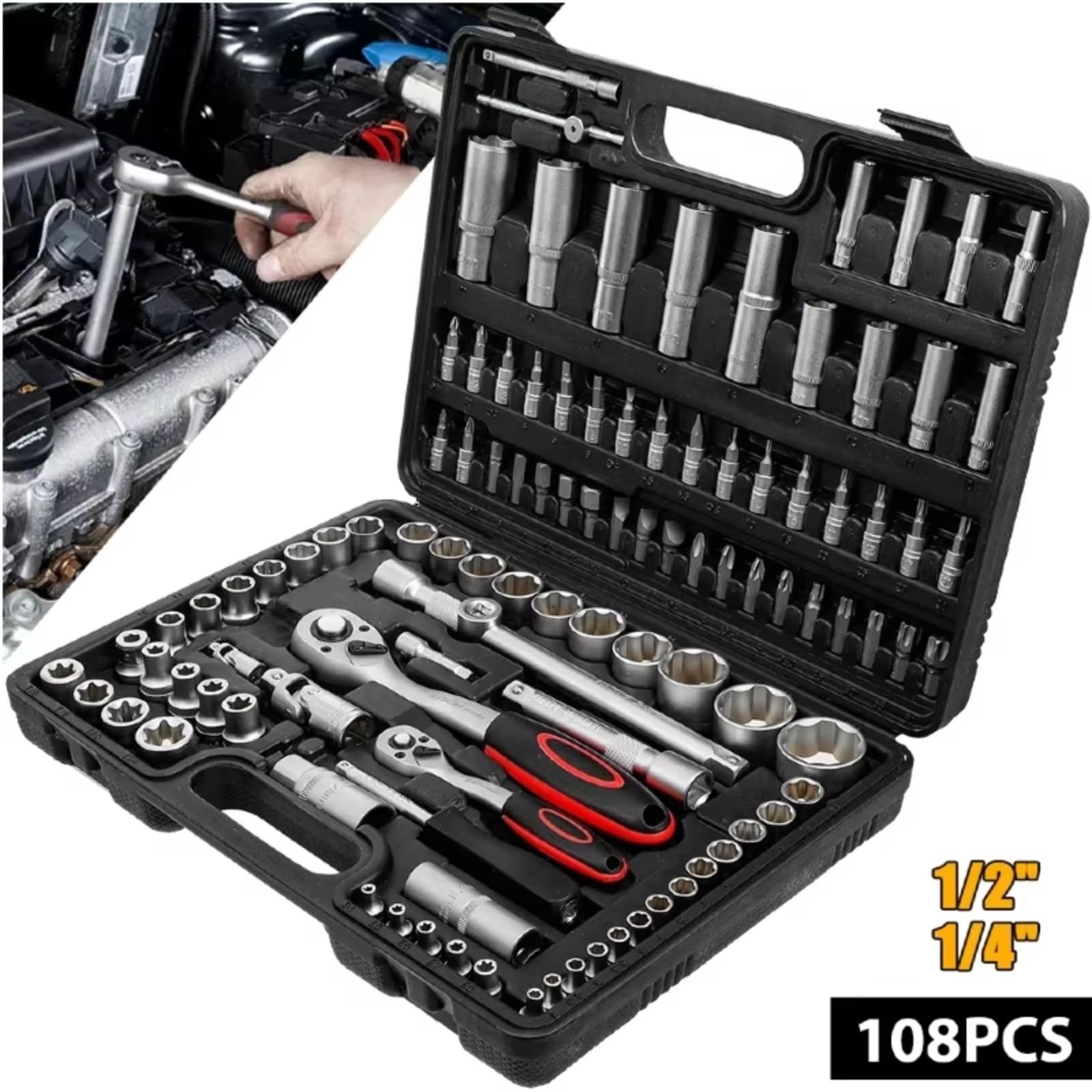 Set di attrezzi meccanici Set Chiavi A Bussola A Cricchetto Da 108 Pezzi Kit Combinato Chiavi Dinamometriche Per Riparazioni Auto 1/4″‌ 1/2″‌ Punte Per Cacciavite Con Chiave A Cricchetto