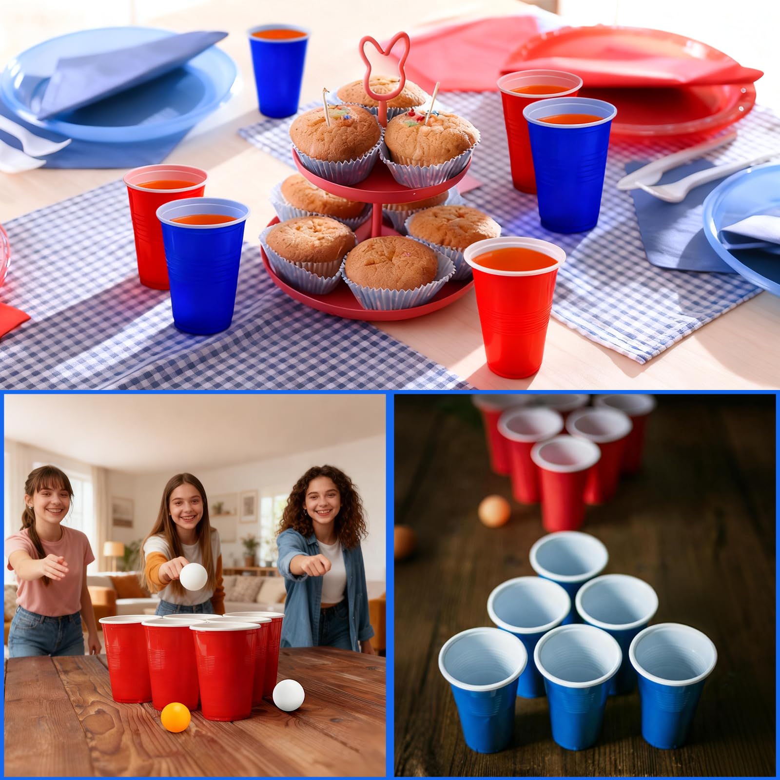 Bellanova Set da 100 Bicchieri Gioco da Festa 500 ml con 10 Palline da Ping-Pong, Bicchieri Rossi e Blu Riutilizzabili, Adatti a Giochi di Squadra, Feste, Campeggio e Bevande (50 rossi + 50 blu)
