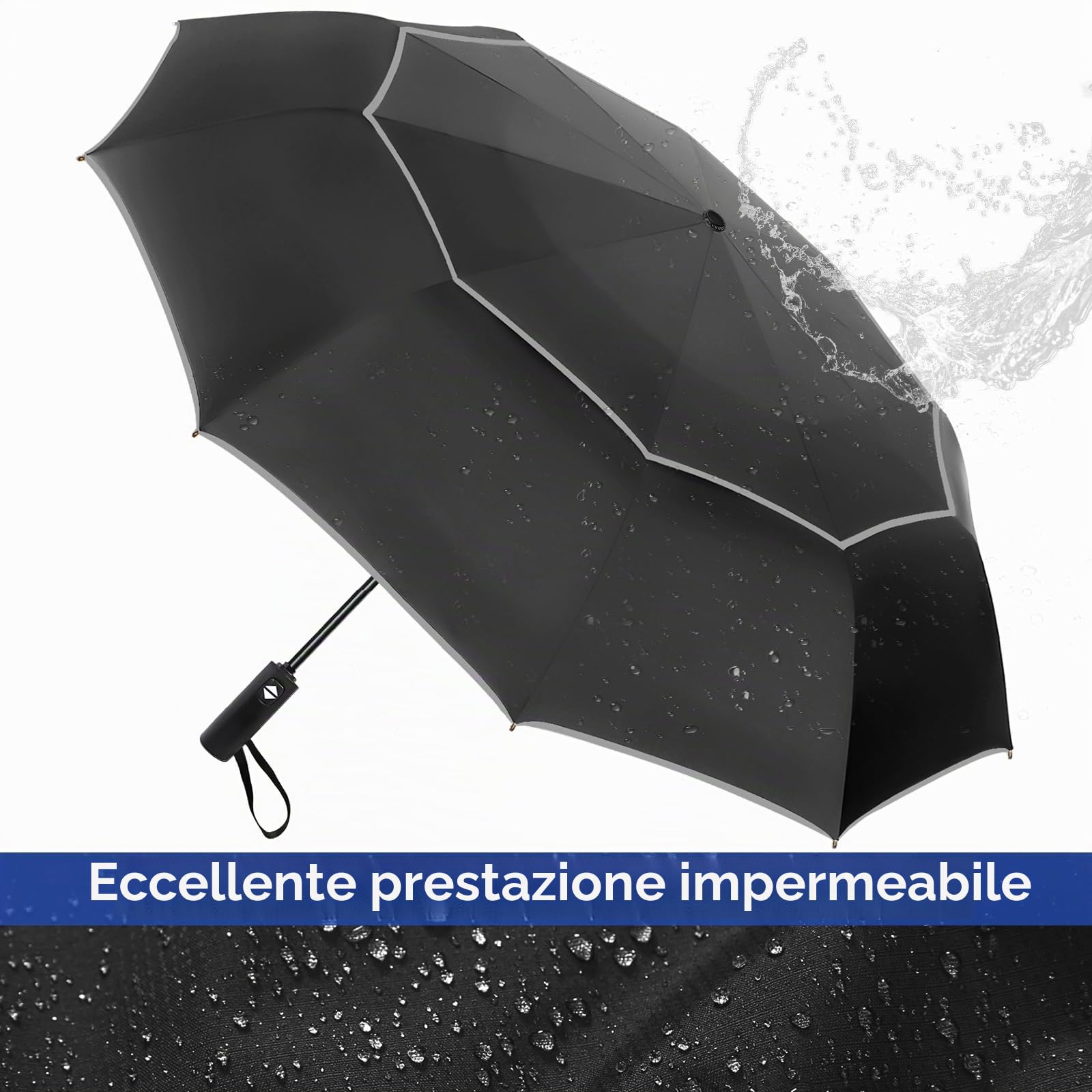 Satol Ombrello da Golf | Doppio Tetto & Ventilazione | Antitempesta & Apertura Automatica 62 Pollici | 10 Spine in Metallo per Massima Stabilità | Con Strisce Riflettenti (Nero con Bordo Grigio)