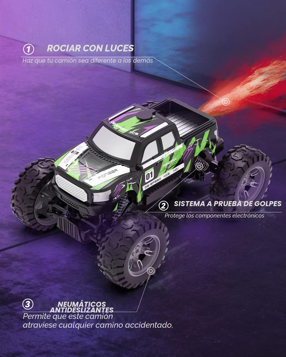 DEERC DE44 1:16 Escala Monster Truck con niebla de niebla, motores duales todoterreno RC coche, 4WD Rock Crawler con luces LED, juego de 70 minutos, vehículo de juguete para niños y adultos