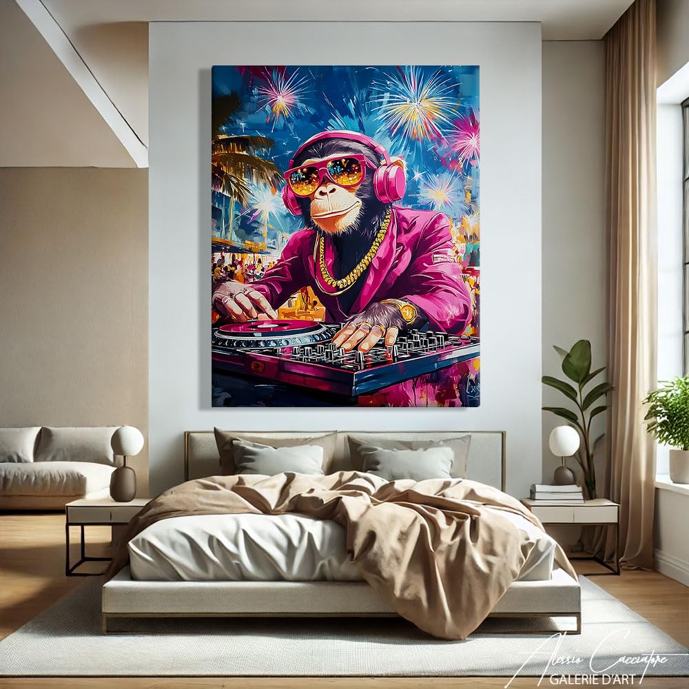 Quadro scimmia Dj - Poster decorativo murale umoristico - Stampa su tela Pop Art - Quadro Street Art di grande formato - Decorazione da parete con animali - Tela astratta moderna (80 x 60 cm)