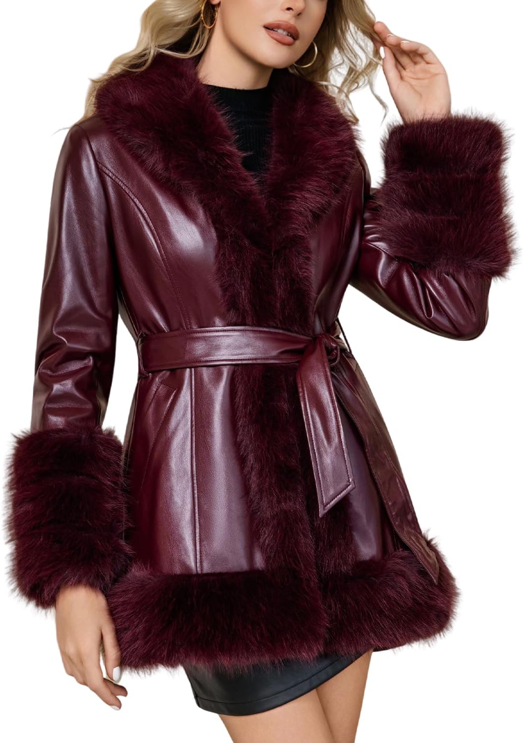 DIASHINY Women Faux Fur Leather Jacket Fur Lined Winter Warm Parka Fur Coat With Belt