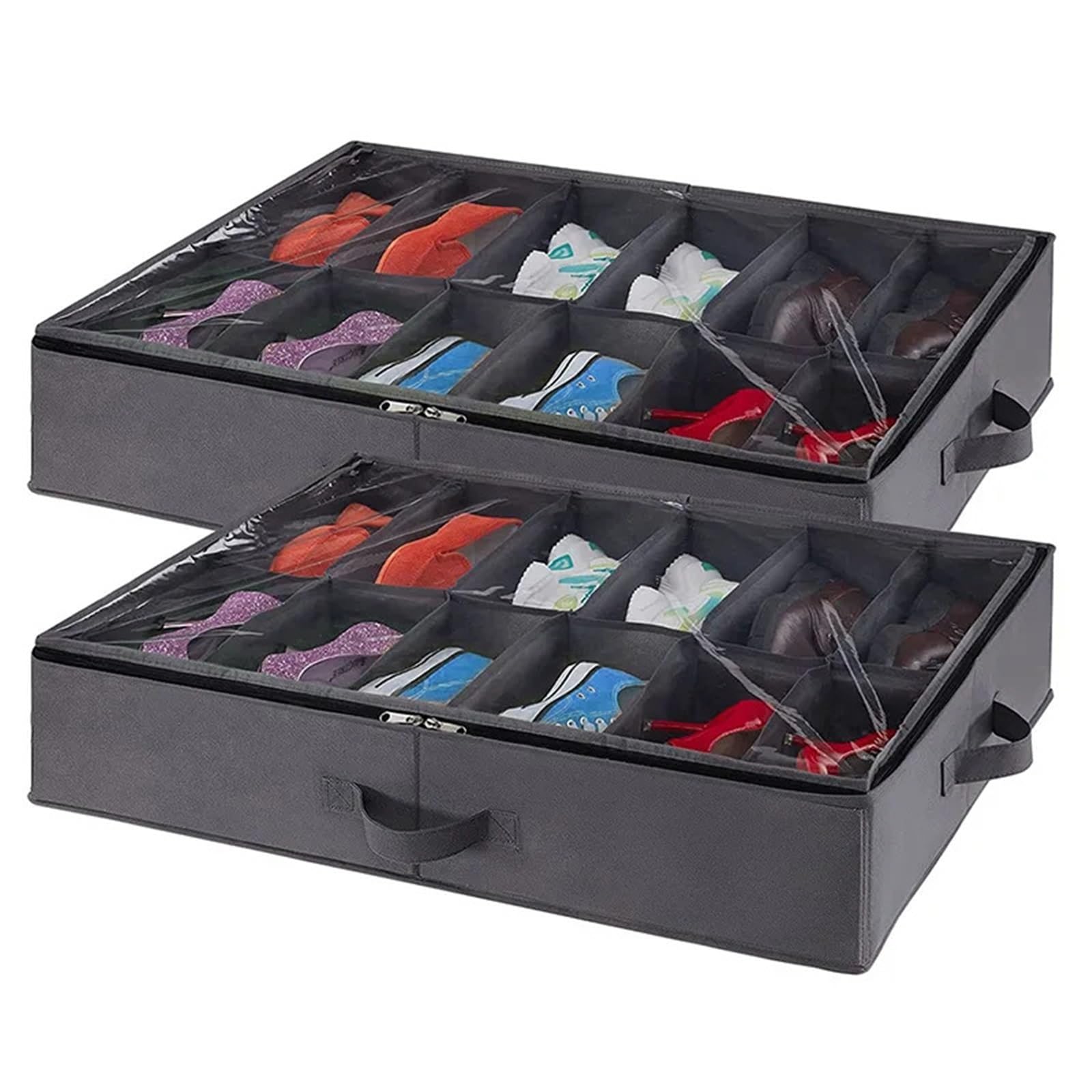 Organizzatore Di Scarpe Sotto Il Letto Scatola portaoggetti sottoletto con 12 griglie, scatola portaoggetti pieghevole trasparente, scatola portascarpe con scomparto in tessuto Per Risparmiare Spazio(