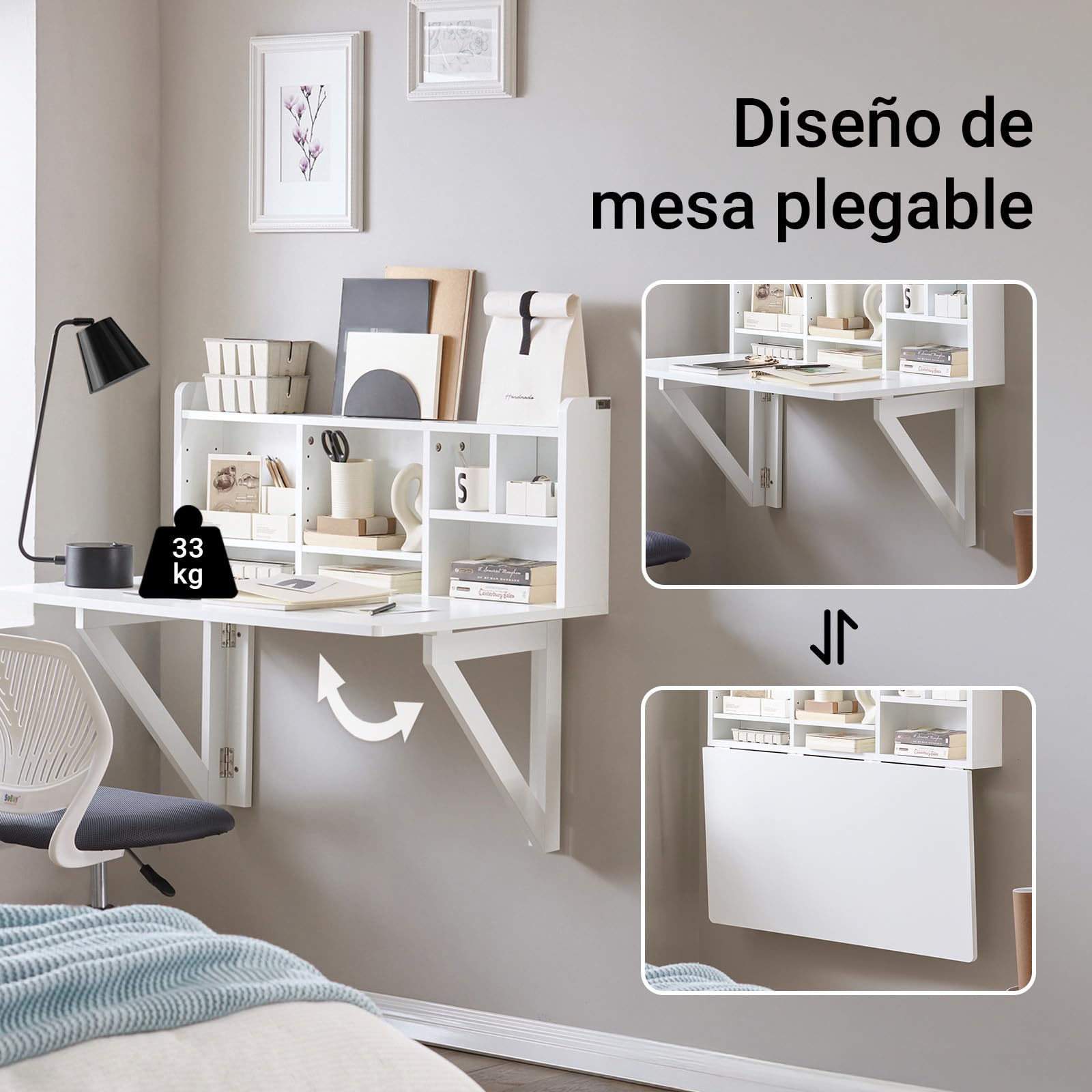 SoBuy Mesa Plegable de Pared con estantería, Mesa de Cocina Plegable Auxiliar, Mesa Comedor Blanca para Cocina pequeña, Mesa de Pared abatible 90x60 cm, 90x78x60 cm FWT07-II-W