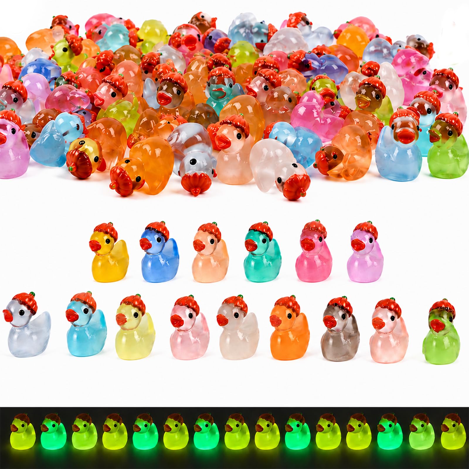 100 Stück Mini Leuchtende Kürbis Ente,15 Farben Harz Enten Bunte Figuren | Halloween Kürbis Ente Bunt Miniatur Figuren für Gartendeko Aquarium Miniaturgarten Puppenhaus Handwerk Halloween Deko